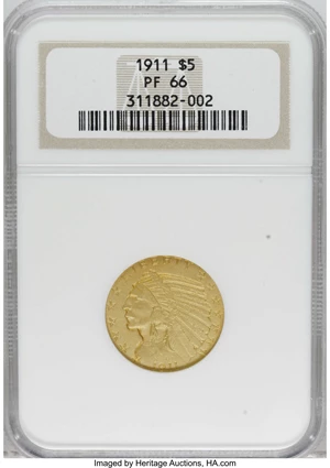 image for: 1911 $5 PR66 NGC. This is a finely grained Gem matte proof example with the usual mustard-yellow color of the date, accente...