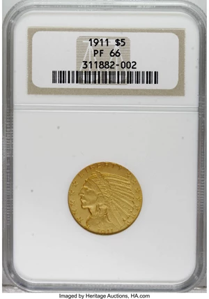 image for: 1911 $5 PR66 NGC. This is a finely grained Gem matte proof example with the usual mustard-yellow color of the date, accente...
