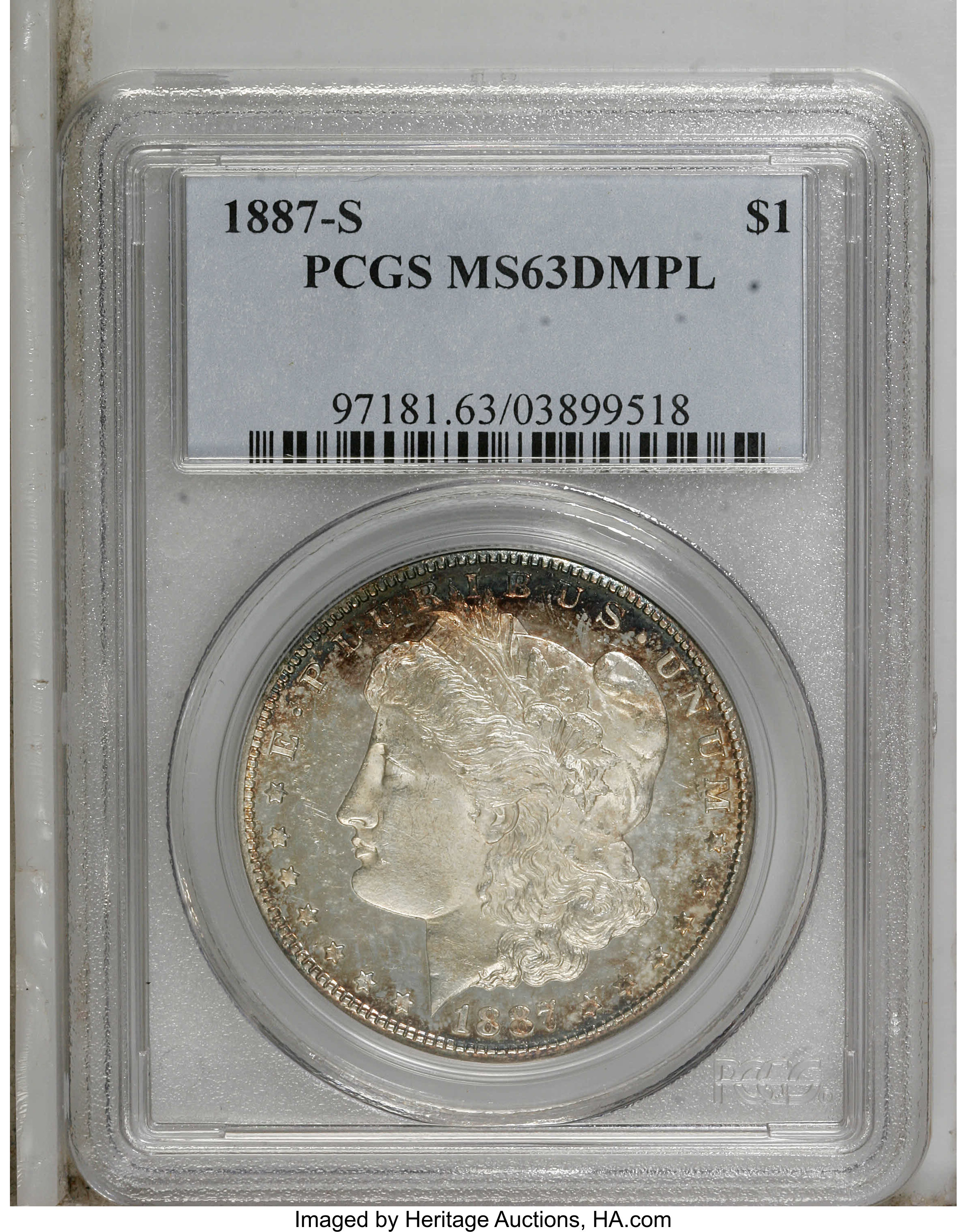 image for: 1887-S $1 MS63 Deep Mirror Prooflike PCGS. Highly reflective fields offer pronounced contrast...