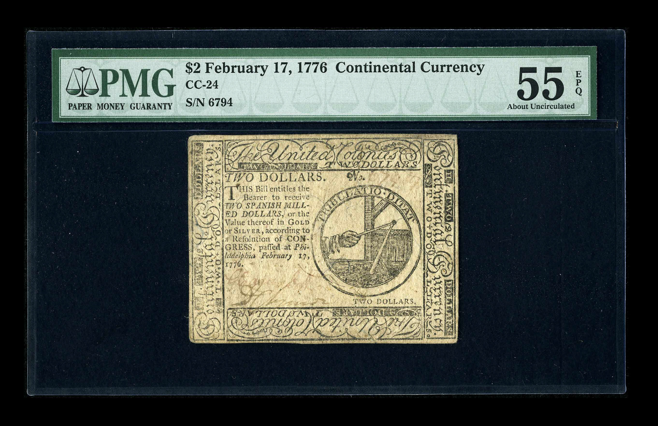 image for: Continental Currency February 17, 1776 $2 PMG About Uncirculated 55 EPQ. This pretty Continental is one extremely light cent...