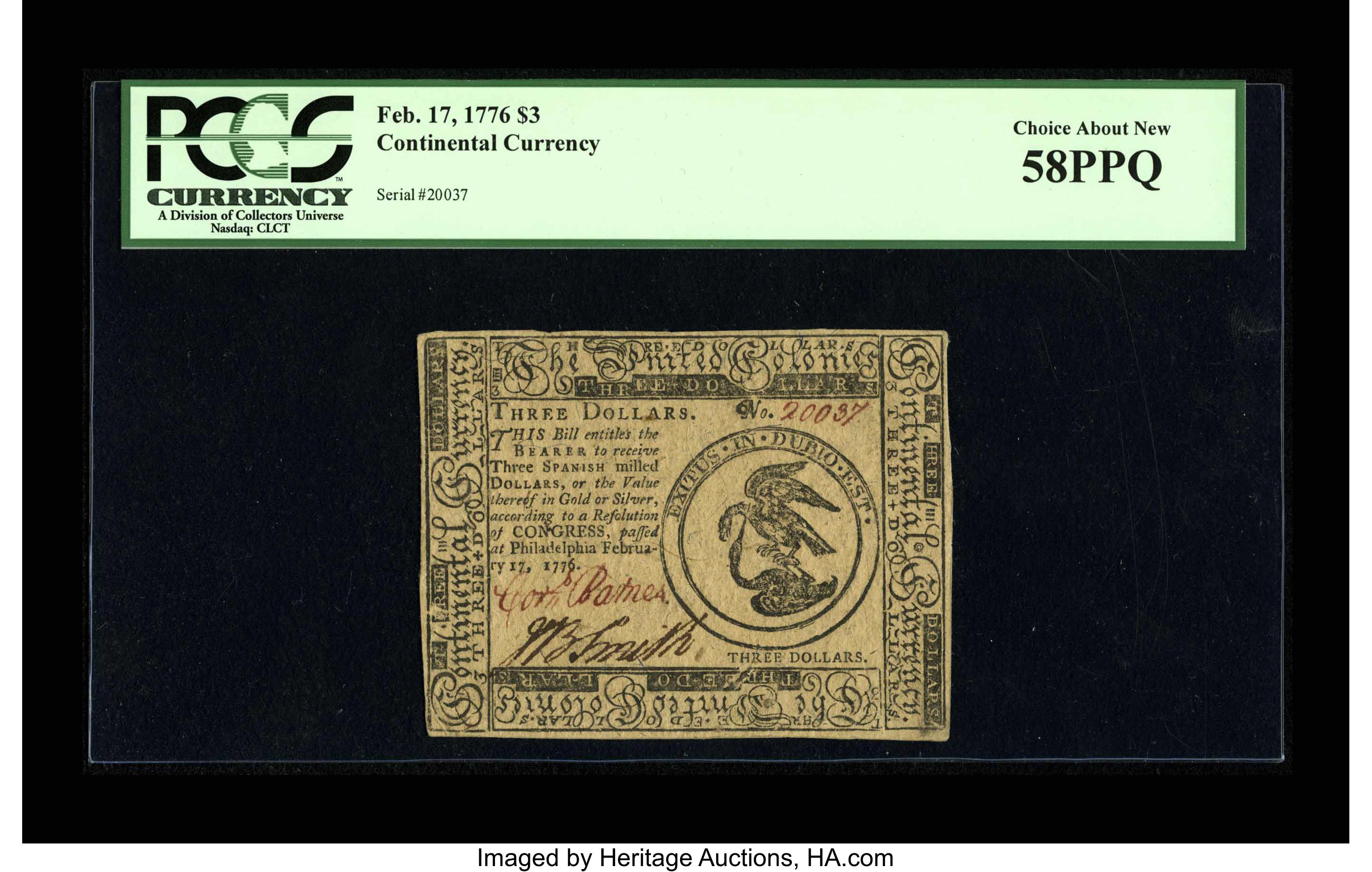 image for: Continental Currency February 17, 1776 $3 PCGS Choice About New 58PPQ. The margins are complete on this pleasing example....