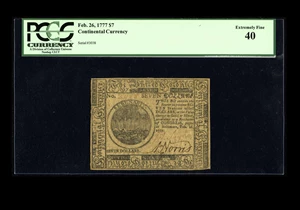 image for: Continental Currency February 26, 1777 $7 PCGS Extremely Fine 40. This is a lightly circulated example of this scarcer Balti...