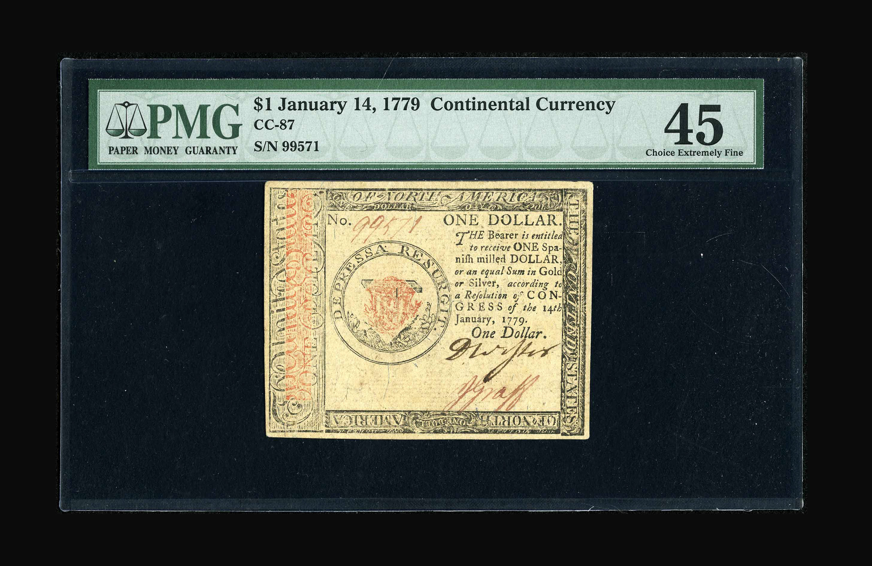 image for: Continental Currency January 14, 1779 $1 PMG Choice Extremely Fine 45. This is a wonderfully margined and boldly signed exam...