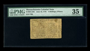image for: Massachusetts June 18, 1776 4s/6d PMG Choice Very Fine 35.