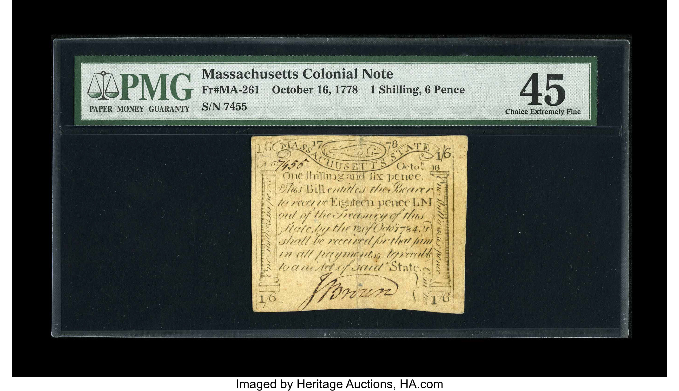 image for: Massachusetts October 16, 1778 1s/6d PMG Choice Extremely Fine 45.