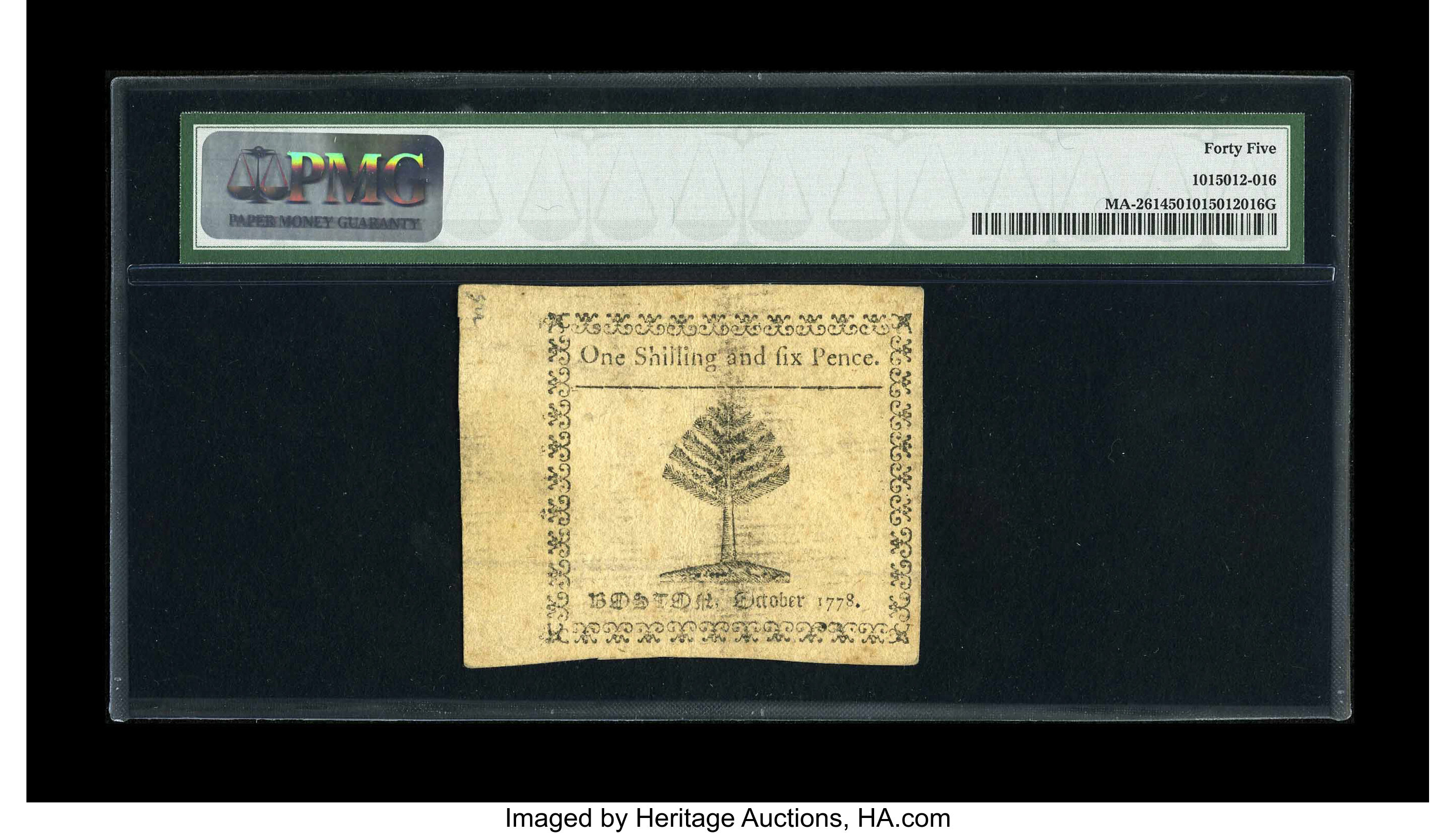 image for: Massachusetts October 16, 1778 1s/6d PMG Choice Extremely Fine 45.