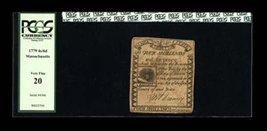 image for: Massachusetts 1779 4s/6d PCGS Very Fine 20. A nice, evenly circulated Rising Sun note. The face plates for these notes were ...