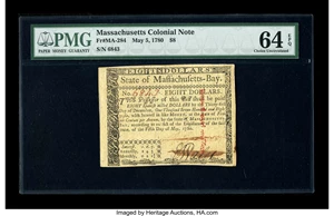 image for: Massachusetts May 5, 1780 $8 PMG Choice Uncirculated 64 EPQ.