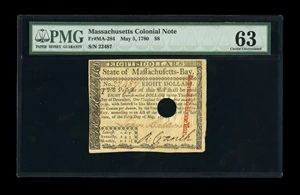 image for: Massachusetts May 5, 1780 $8 PMG Choice Uncirculated 63.