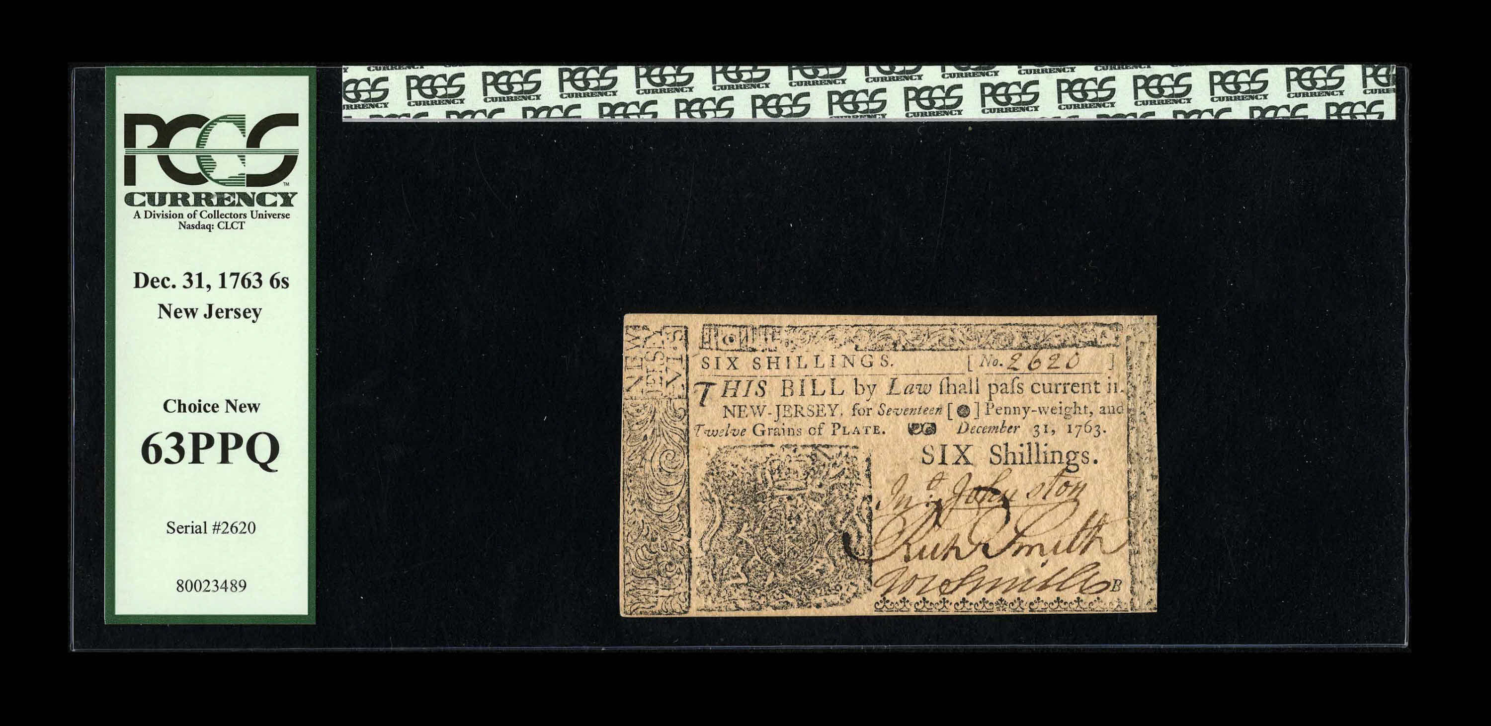 image for: New Jersey December 31, 1763 6s PCGS Choice New 63PPQ.