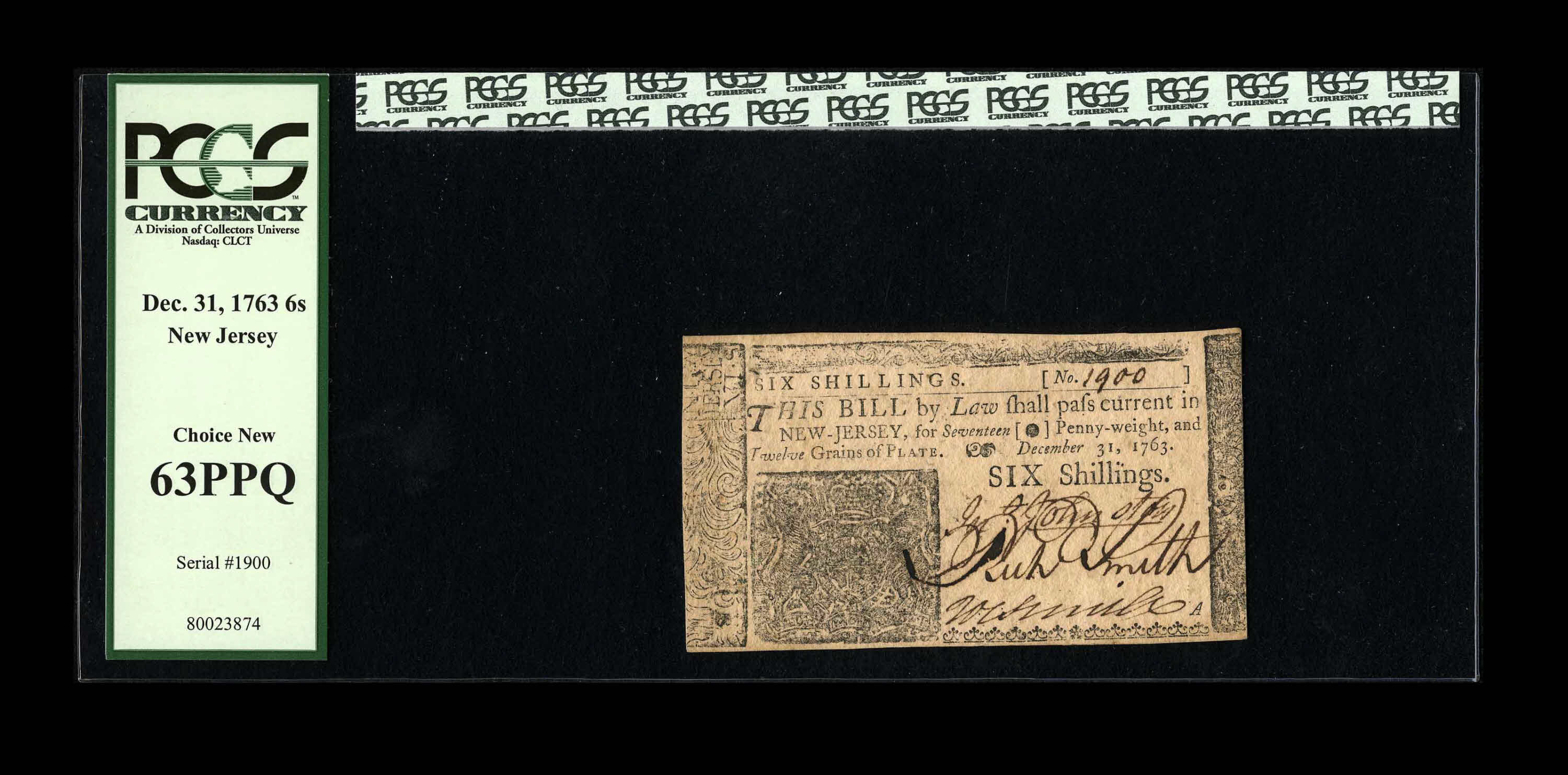 image for: New Jersey December 31, 1763 6s PCGS Choice New 63PPQ.