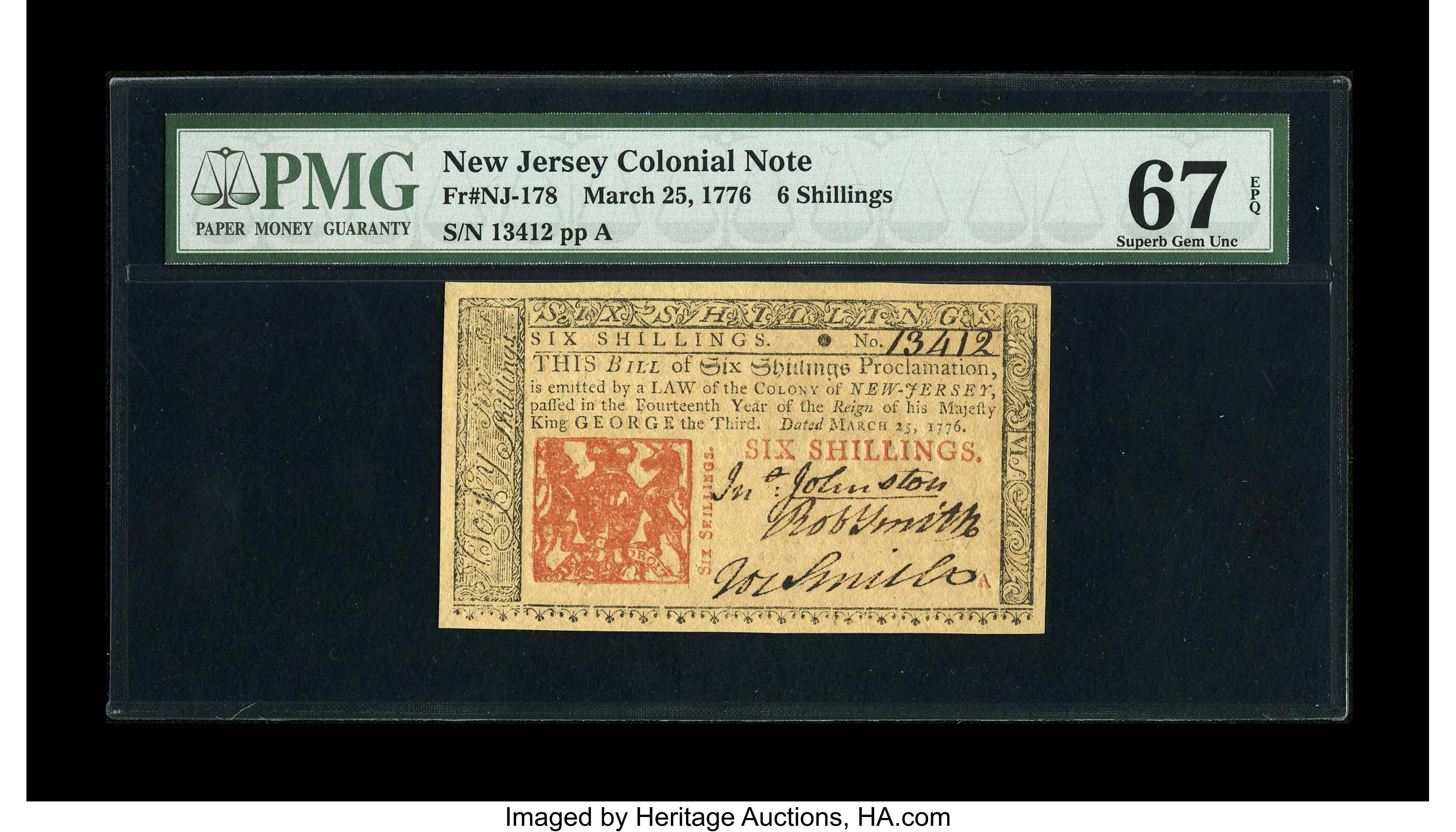 image for: New Jersey March 25, 1776 6s PMG Superb Gem Unc 67 EPQ.