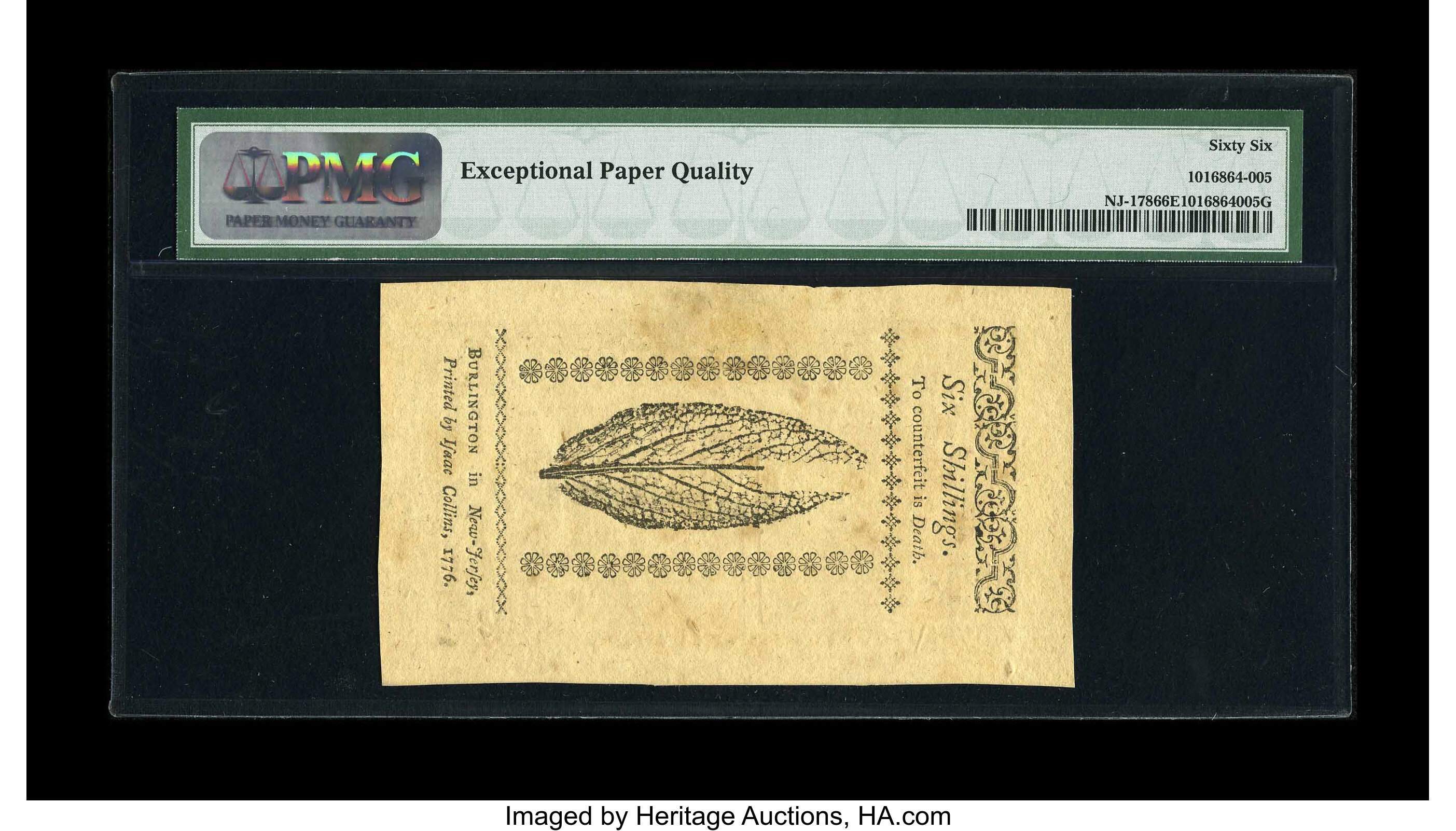 image for: New Jersey March 25, 1776 6s PMG Gem Uncirculated 66 EPQ.