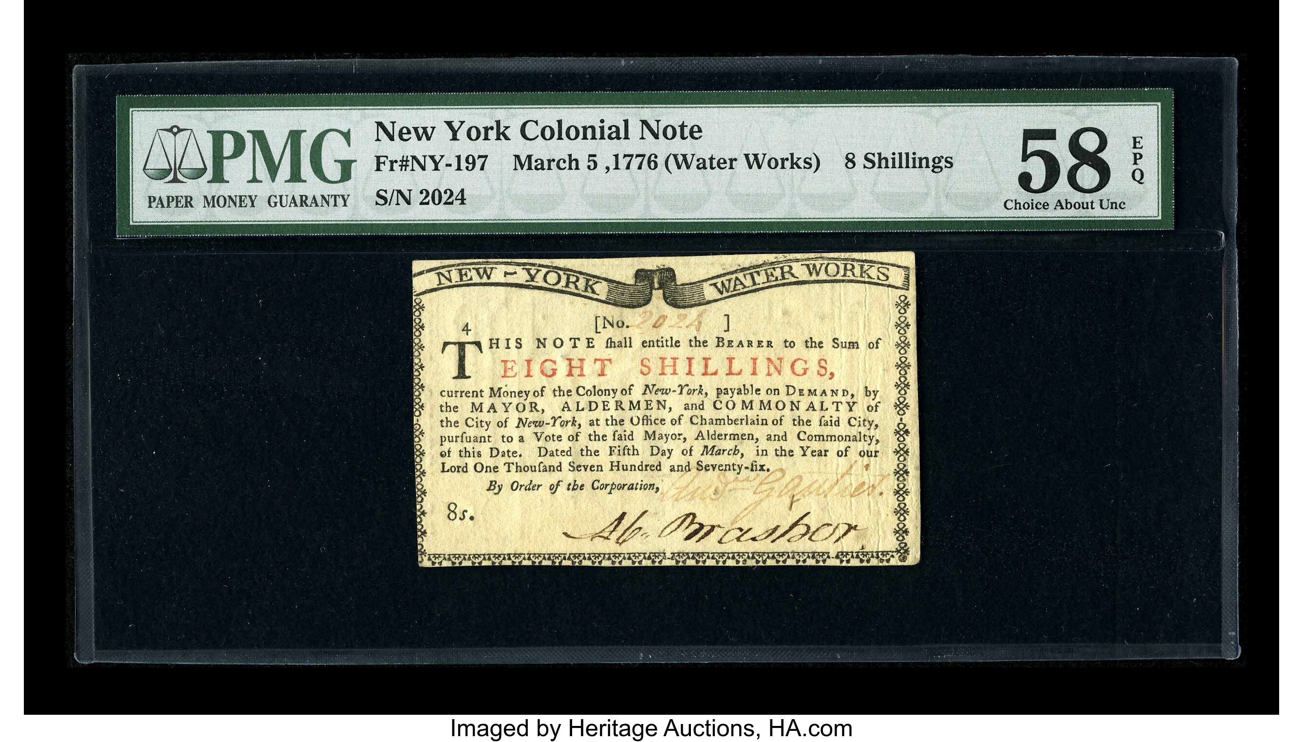 image for: New York March 5,1776 (Water Works) 8s PMG Choice About Unc 58 EPQ.