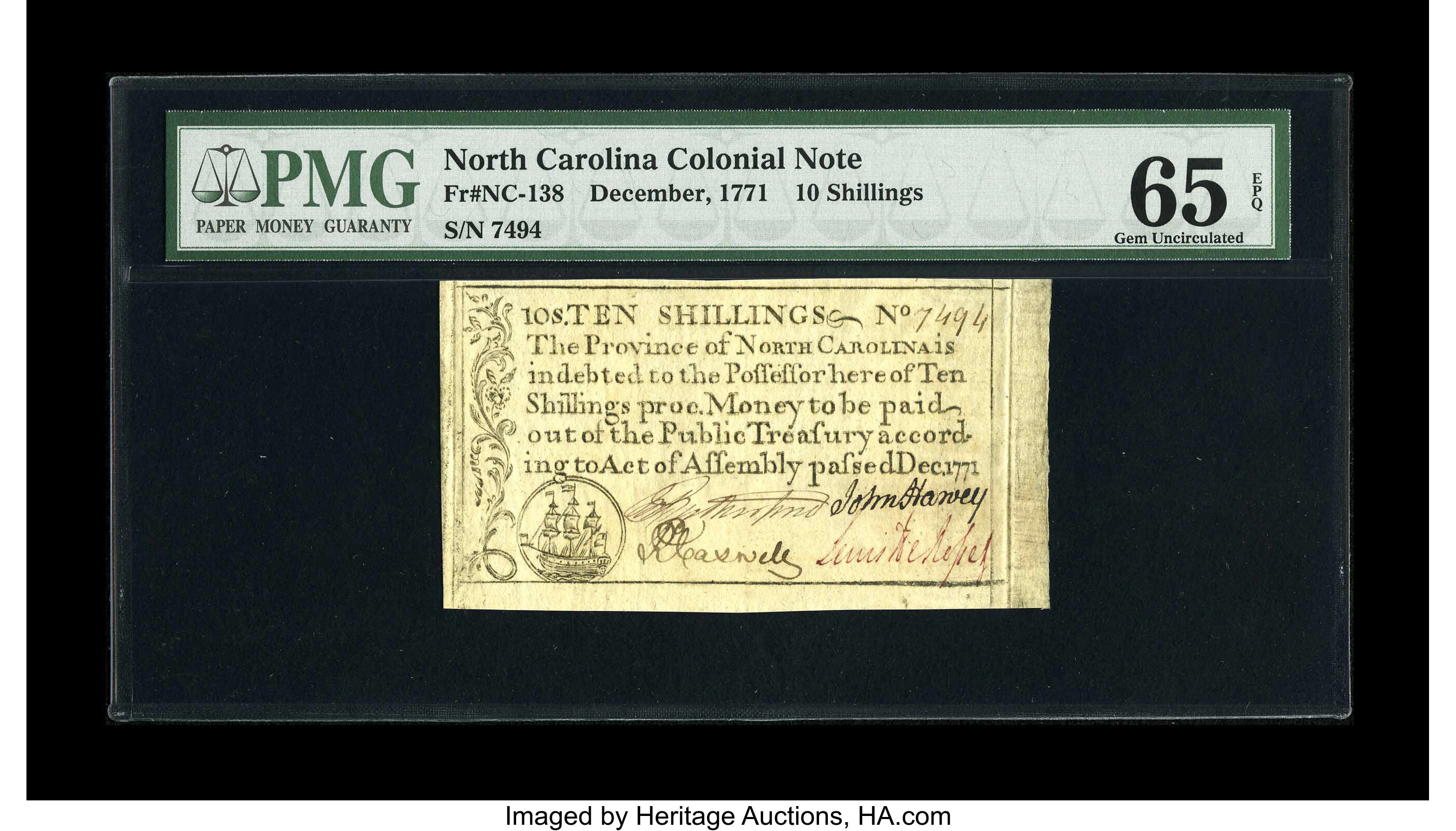 image for: North Carolina December, 1771 10s PMG Gem Uncirculated 65 EPQ.