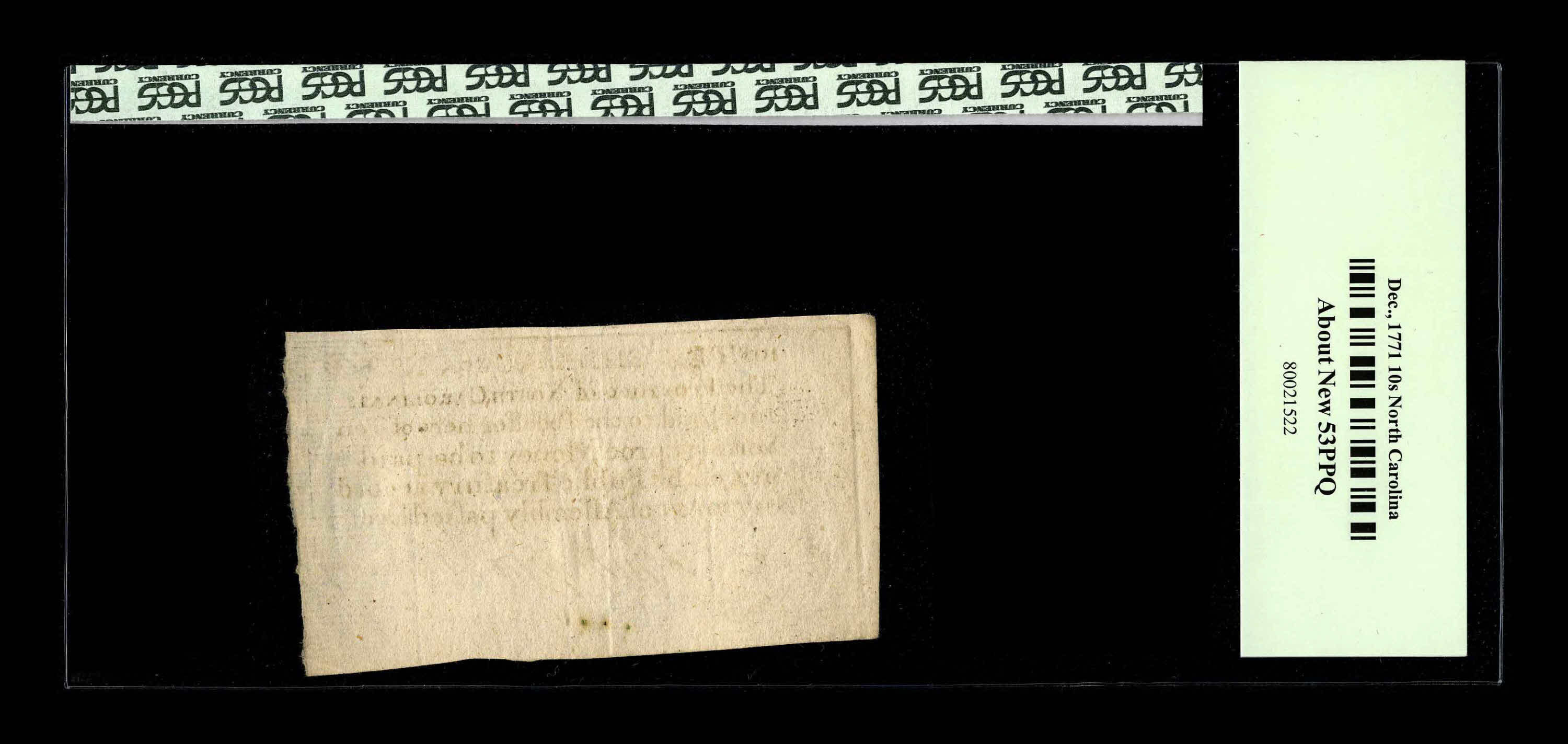 image for: North Carolina December, 1771 10s PCGS About New 53PPQ. A handsome, broadly margined North Carolina "Ship" note with four bo...