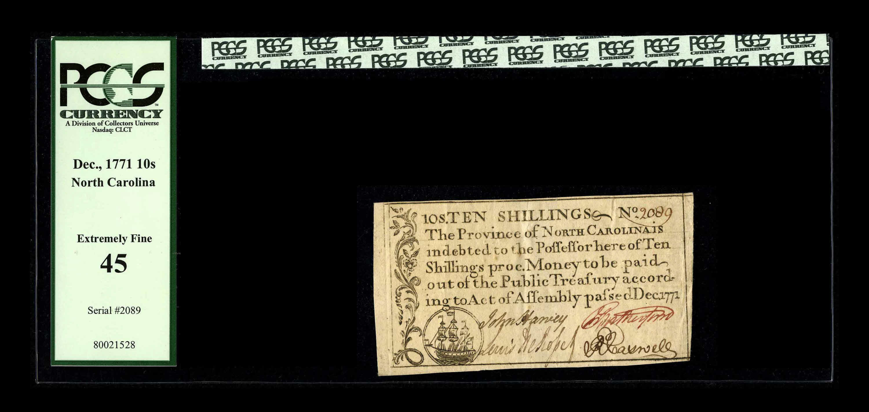 image for: North Carolina December, 1771 10s PCGS Extremely Fine 45. Beautifully printed and signed....