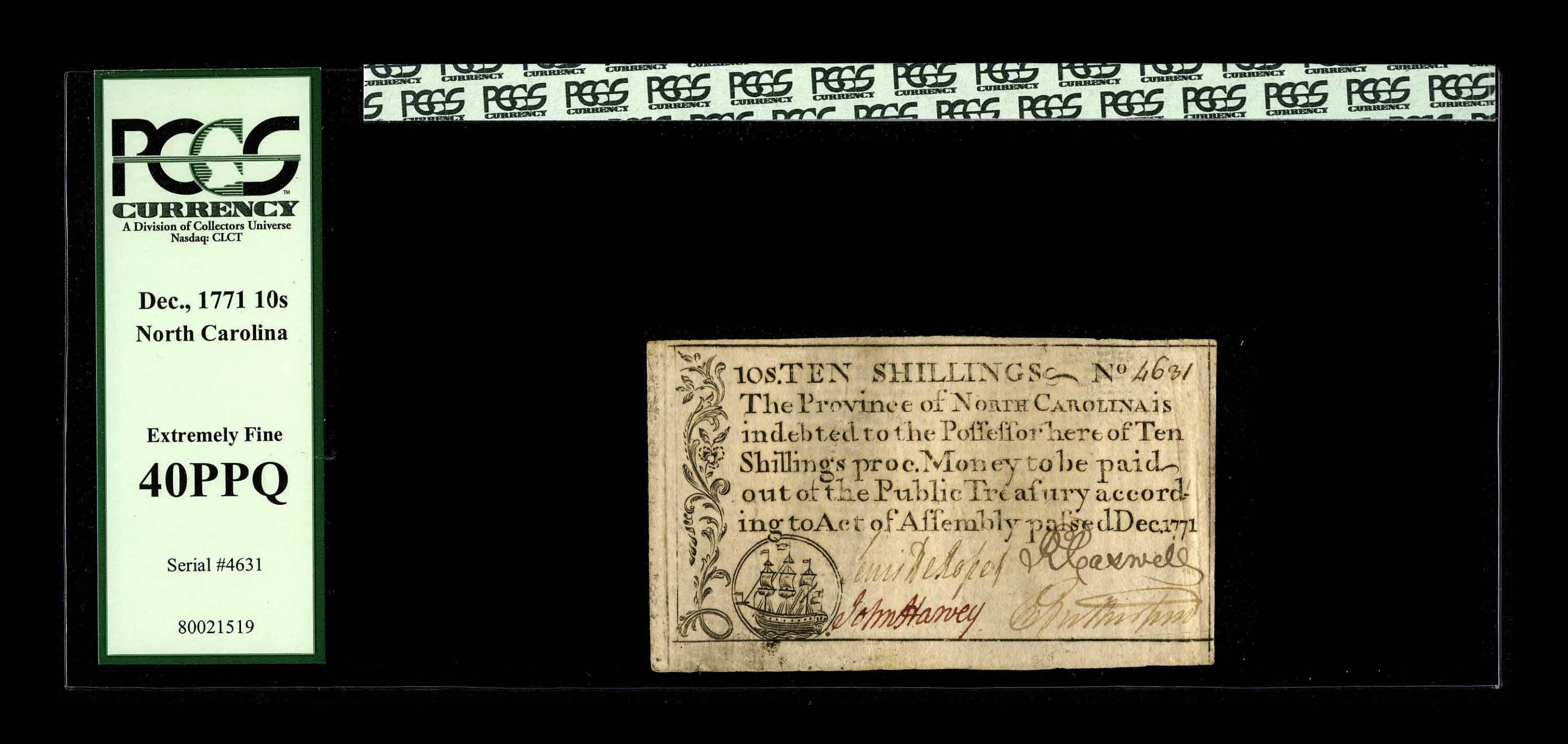 image for: North Carolina December, 1771 10s PCGS Extremely Fine 40PPQ. Another well-printed "Ship" note....