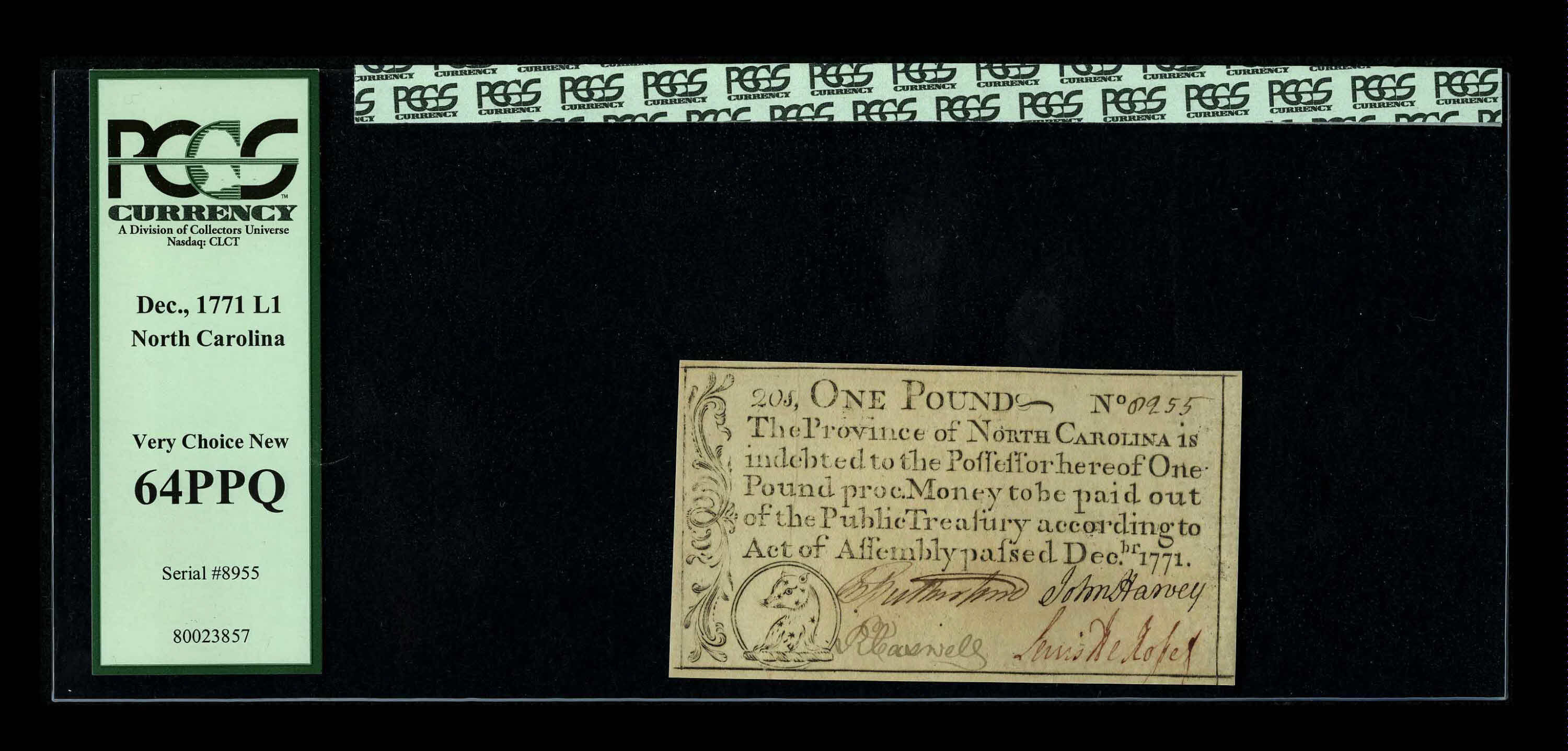 image for: North Carolina December, 1771 £1 PCGS Very Choice New 64PPQ. A lovely example, with four strong signatures and excellent ma...