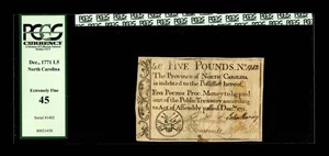 image for: North Carolina December, 1771 £5 PCGS Extremely Fine 45. The highest denomination and the scarcest note from the issue....