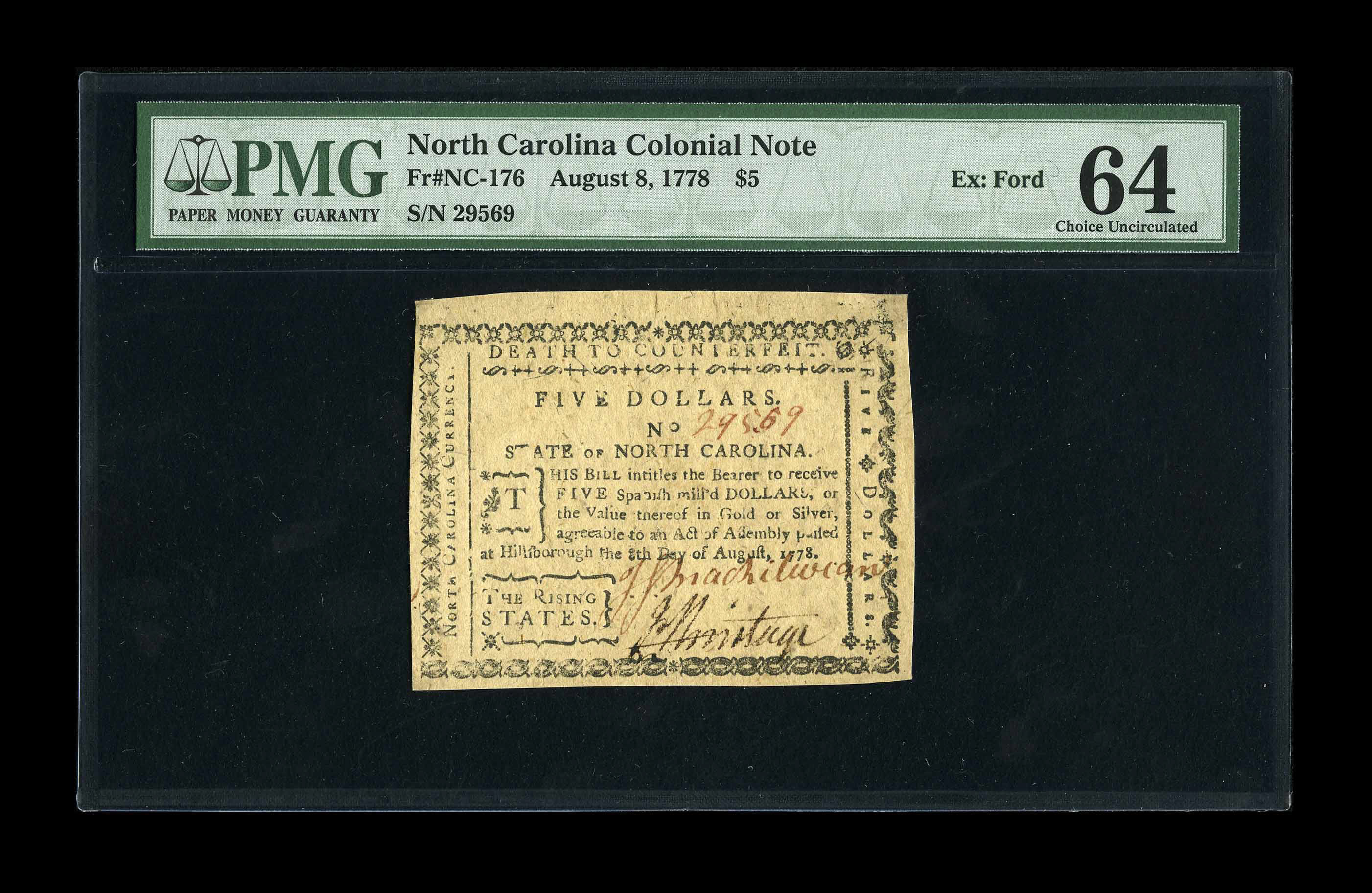 image for: North Carolina August 8, 1778 $5 PMG Choice Uncirculated 64.