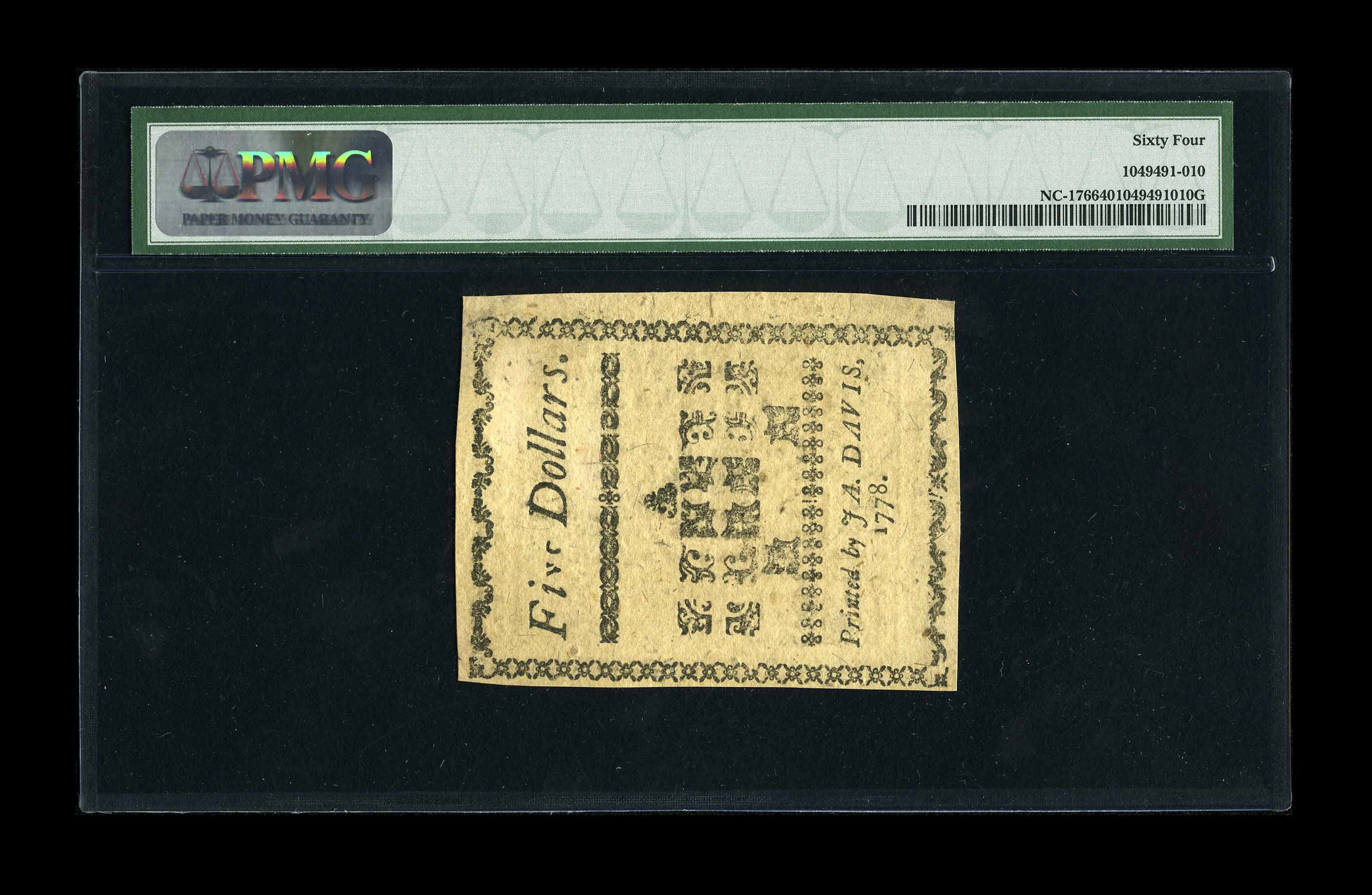 image for: North Carolina August 8, 1778 $5 PMG Choice Uncirculated 64.