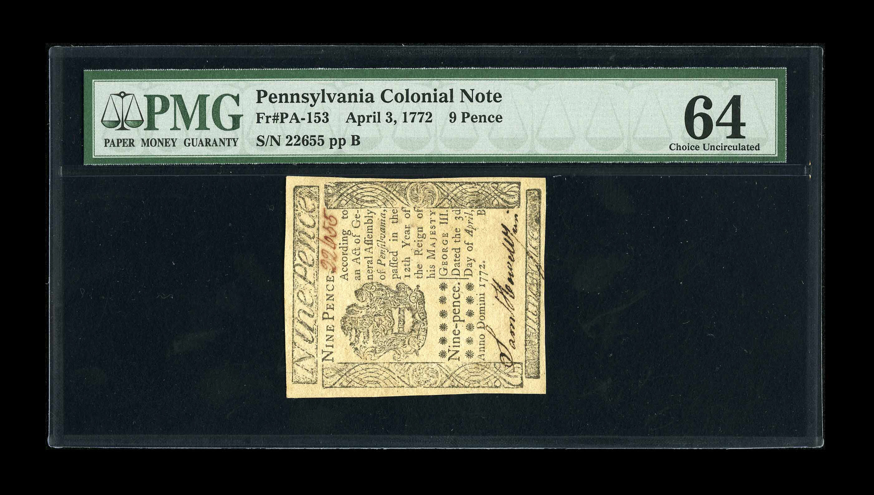 image for: Pennsylvania April 3, 1772 9d PMG Choice Uncirculated 64.