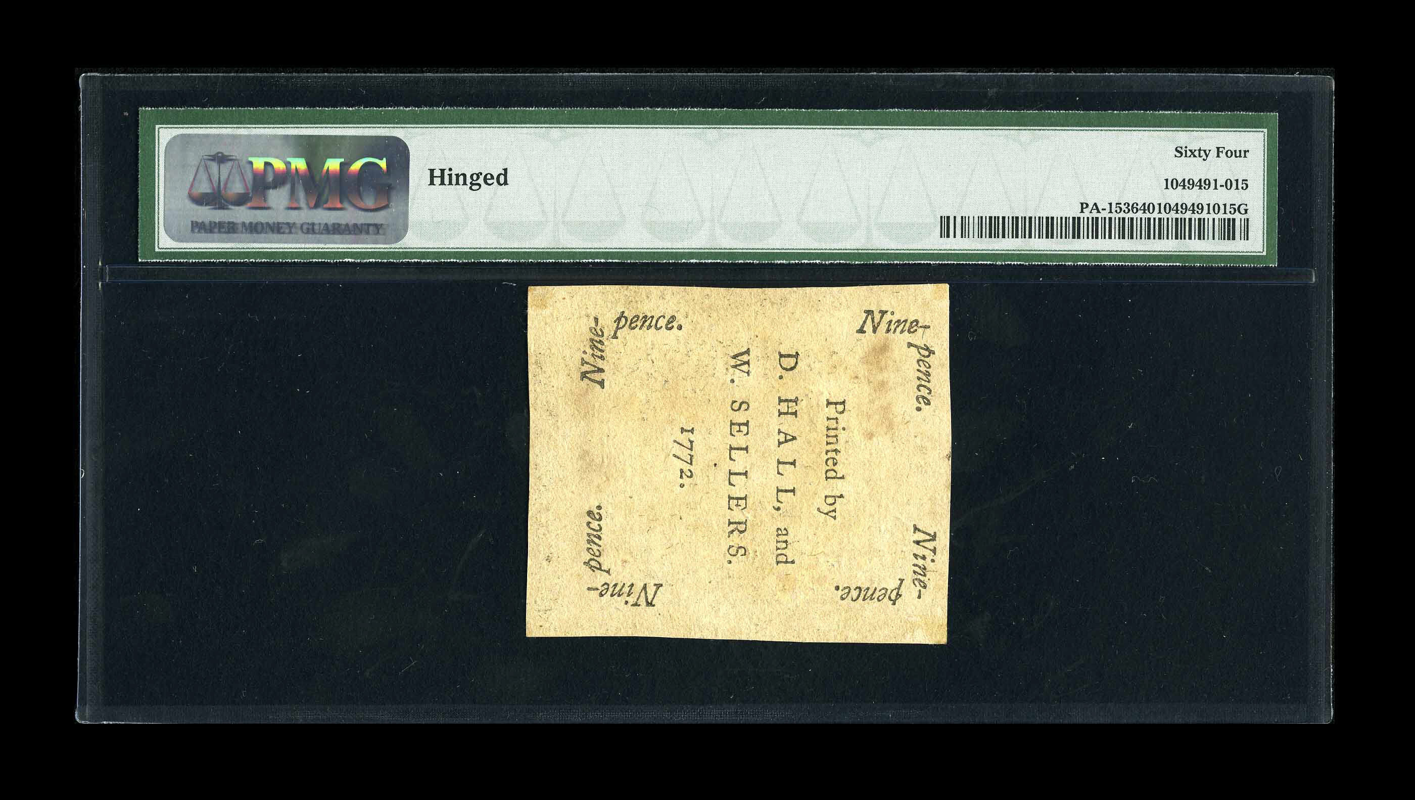 image for: Pennsylvania April 3, 1772 9d PMG Choice Uncirculated 64.