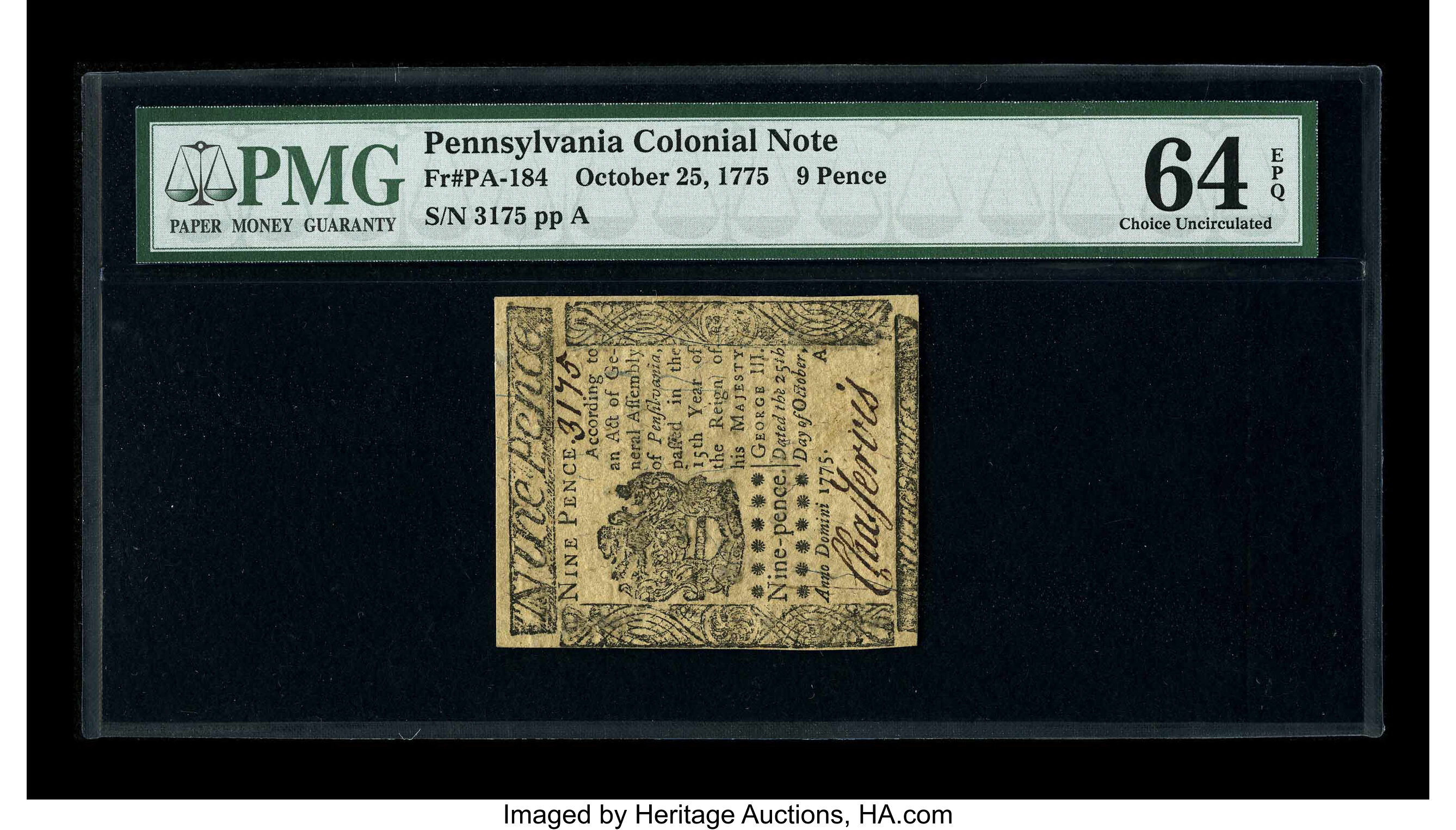 image for: Pennsylvania October 25, 1775 9d PMG Choice Uncirculated 64 EPQ.