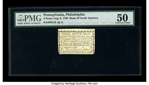 image for: Pennsylvania Bank of North America August 6, 1789 3d PMG About Uncirculated 50.
