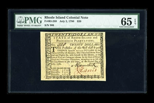 image for: Rhode Island July 2, 1780 $20 PMG Gem Uncirculated 65 EPQ. A touch close along the top margin, but absolute perfection in ev...
