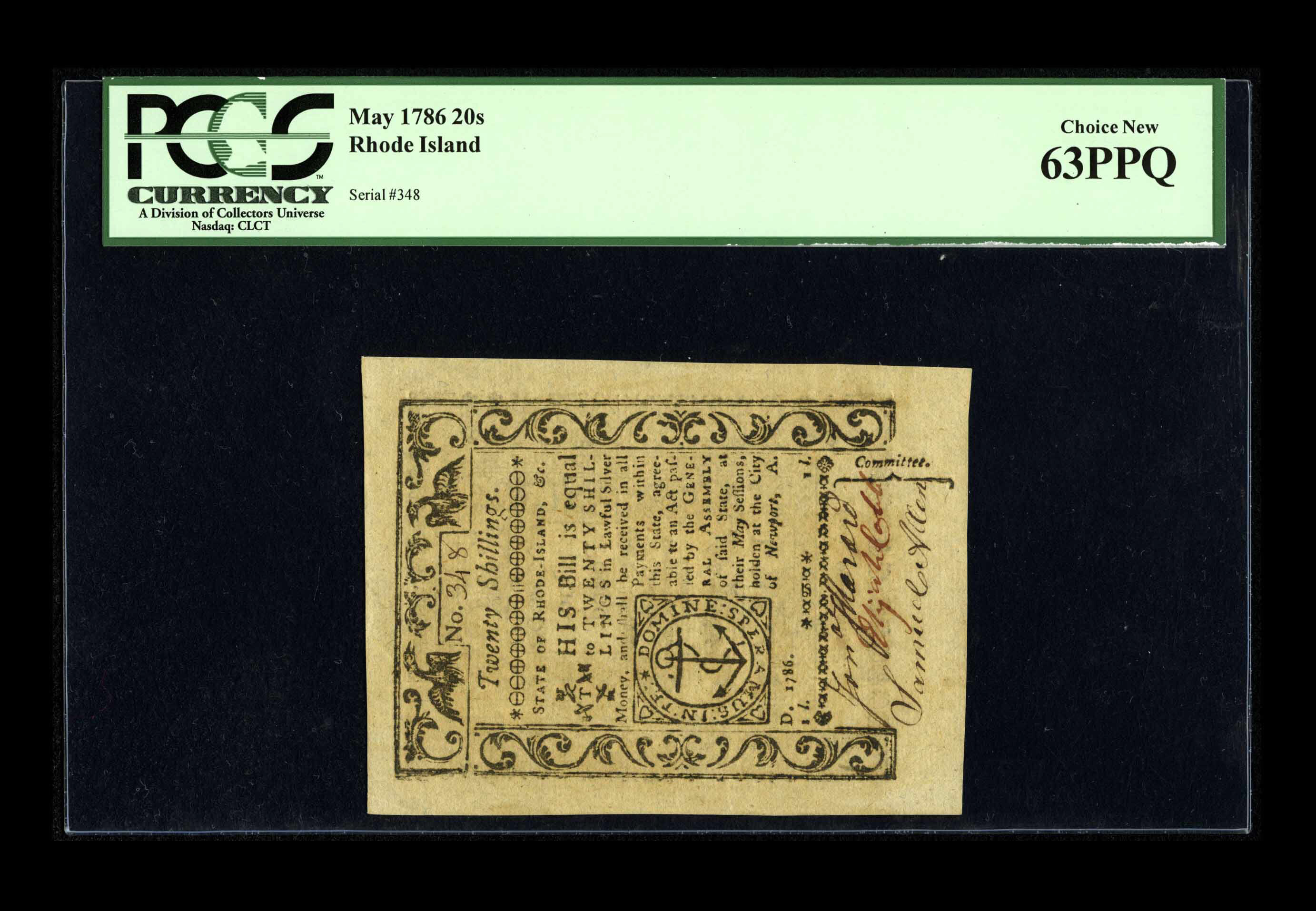 image for: Rhode Island May 1786 20s PCGS Choice New 63PPQ.