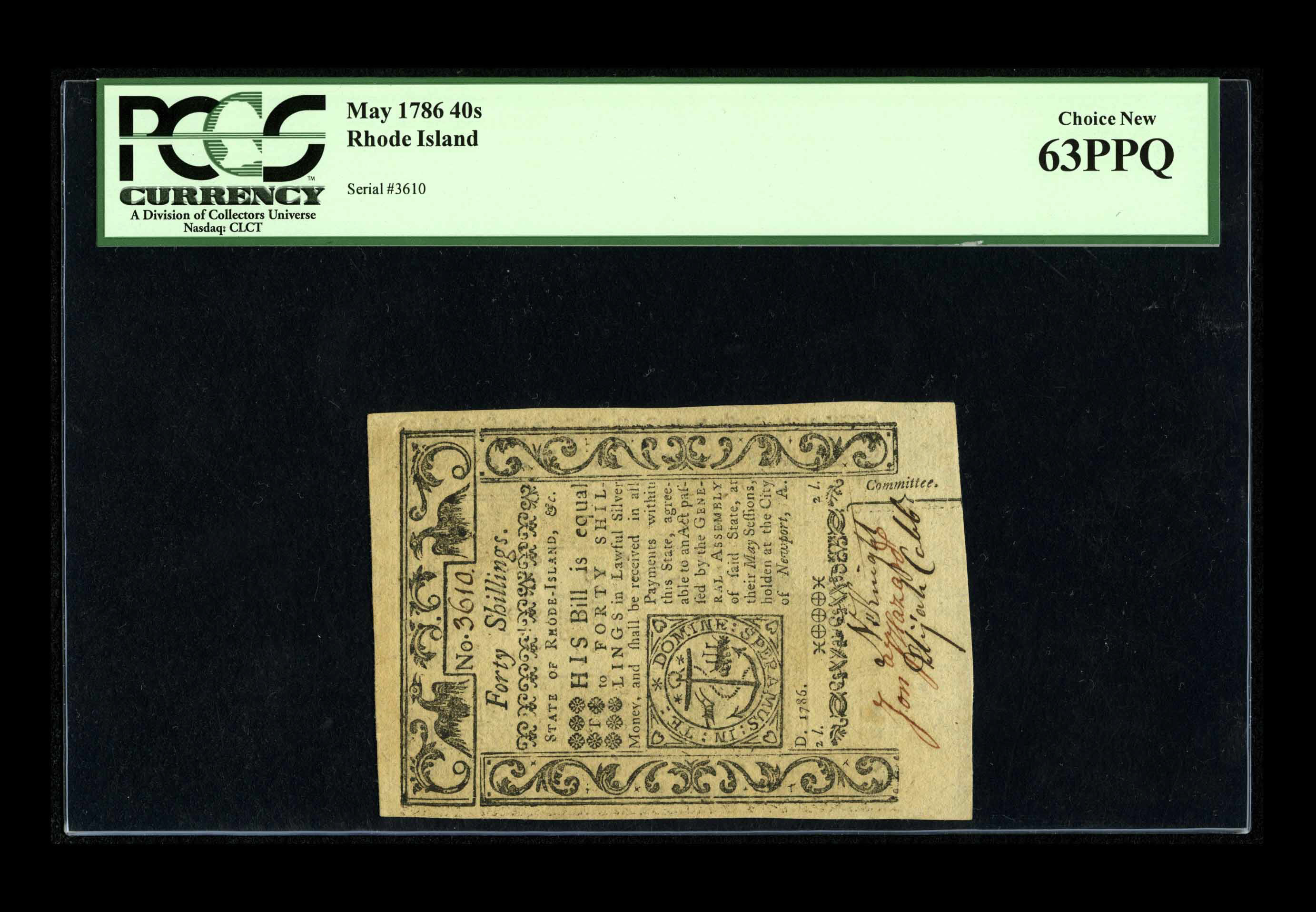 image for: Rhode Island May 1786 40s PCGS Choice New 63PPQ.