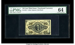 image for: Fr. 1251 10¢ Third Issue PMG Choice Uncirculated 64. PMG has added the comment, "As Made Flaw On Back." It's a bit hard to t...