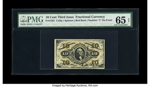 image for: Fr. 1252 10c Third Issue PMG Gem Uncirculated 65 EPQ. Attractive and deep bronzing is noted on the front and back. The margi...