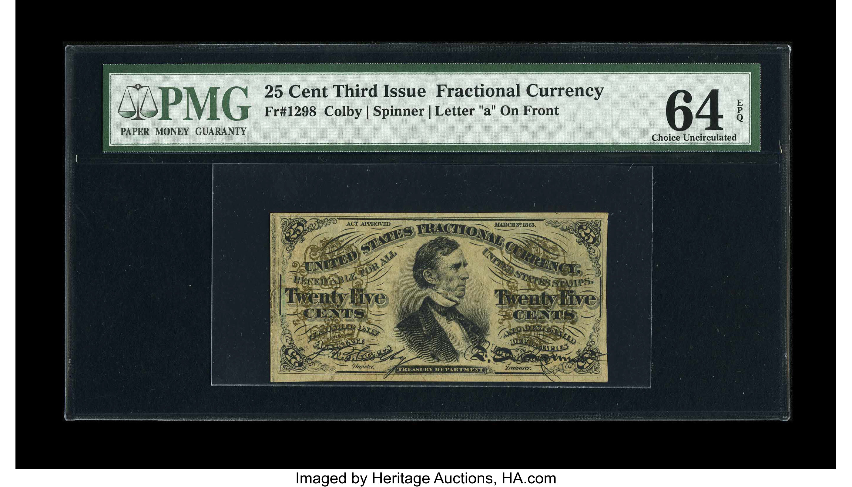 image for: Fr. 1298 25c Third Issue PMG Choice Uncirculated 64 EPQ. A beautiful example of this much more difficult "a" on face fiber p...