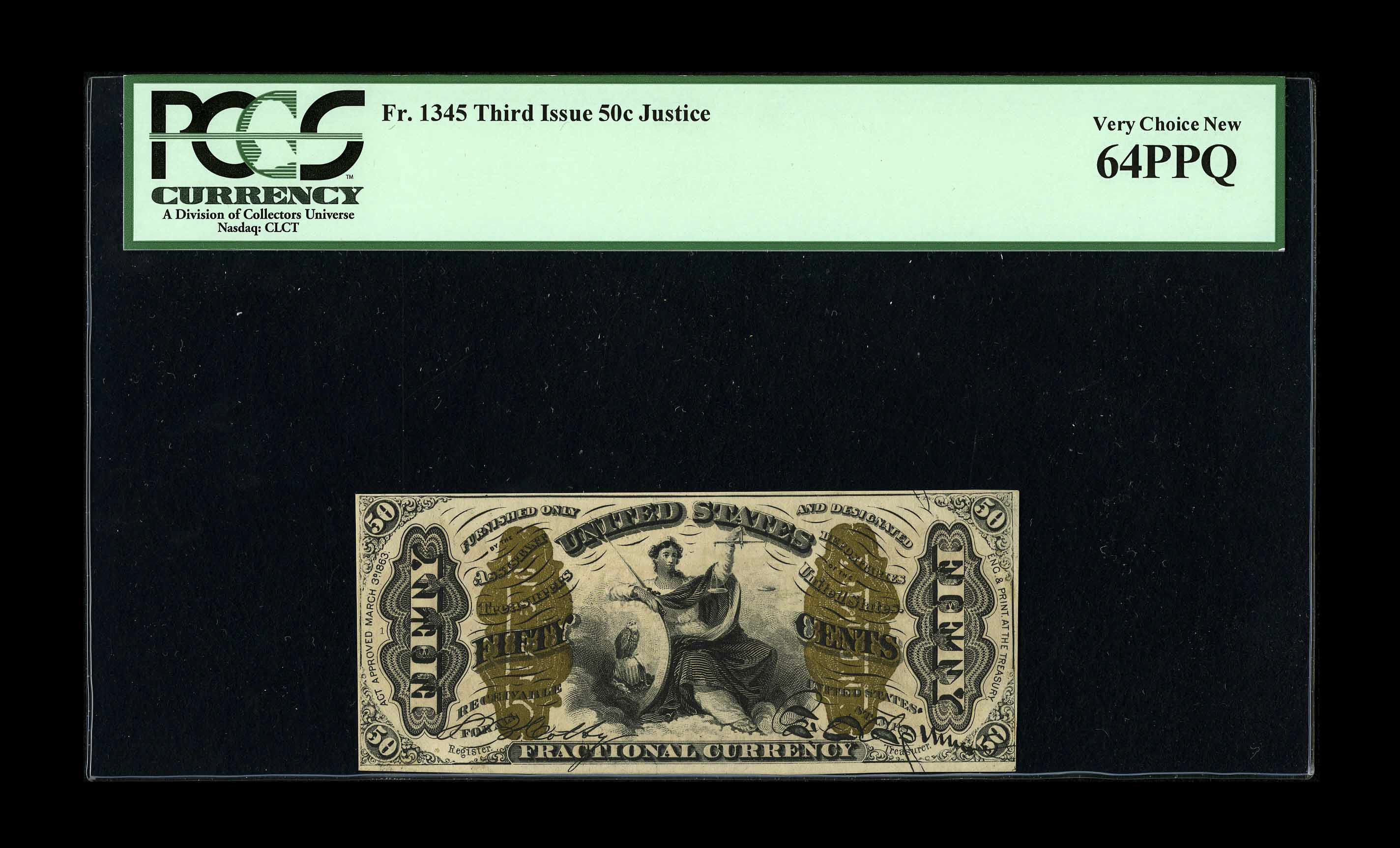 image for: Fr. 1345 50c Third Issue Justice PCGS Very Choice New 64PPQ. The bronzing is very deep on this Red Backed Justice which has ...