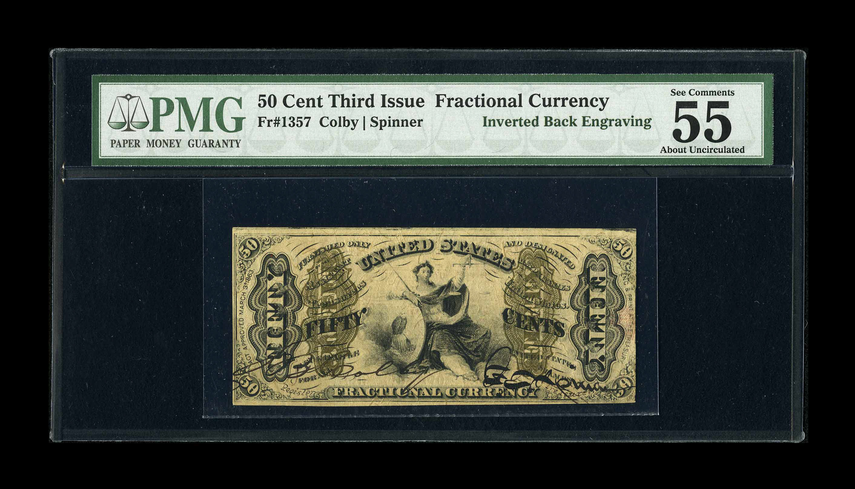 image for: Fr. 1357 50¢ Third Issue Justice Inverted Back Engraving PMG About Uncirculated 55. PMG comments, "Great Embossing, Vivid De...