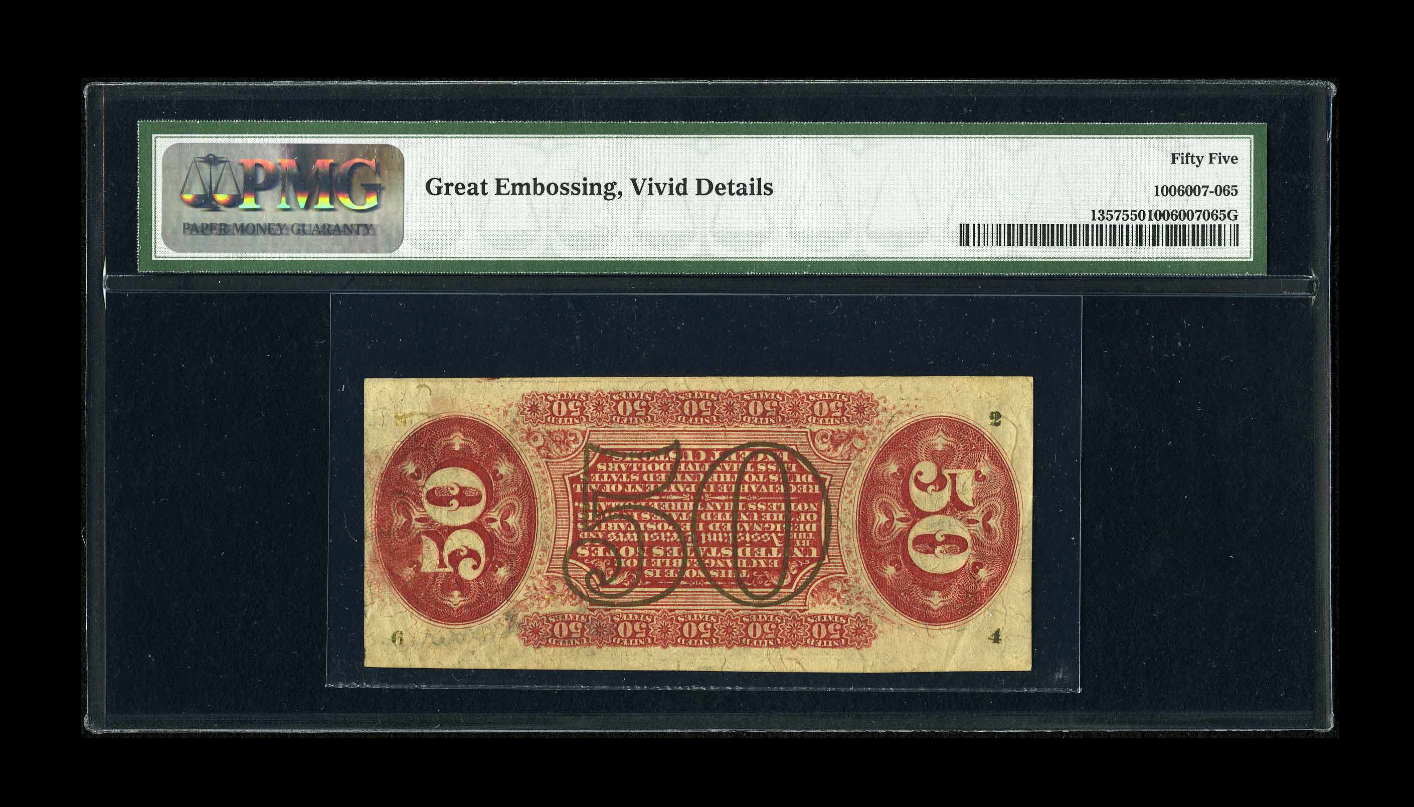 image for: Fr. 1357 50¢ Third Issue Justice Inverted Back Engraving PMG About Uncirculated 55. PMG comments, "Great Embossing, Vivid De...