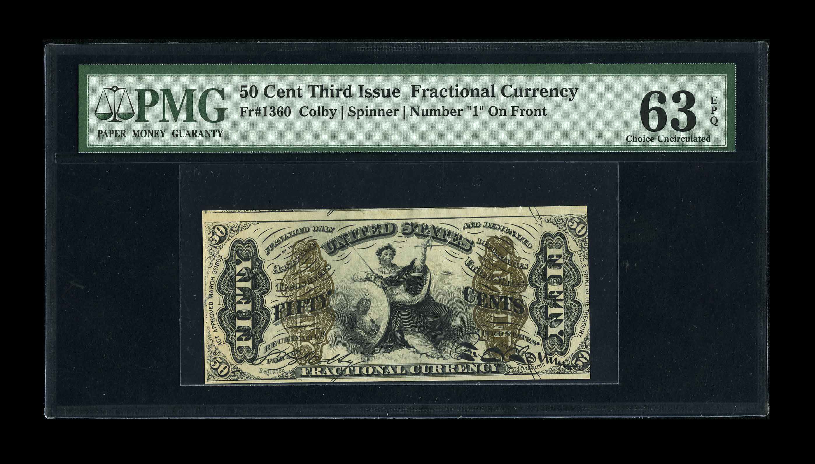 image for: Fr. 1360 50c Third Issue Justice Choice Uncirculated 63 EPQ. Natural paper ripple and embossing are traits of this tougher J...