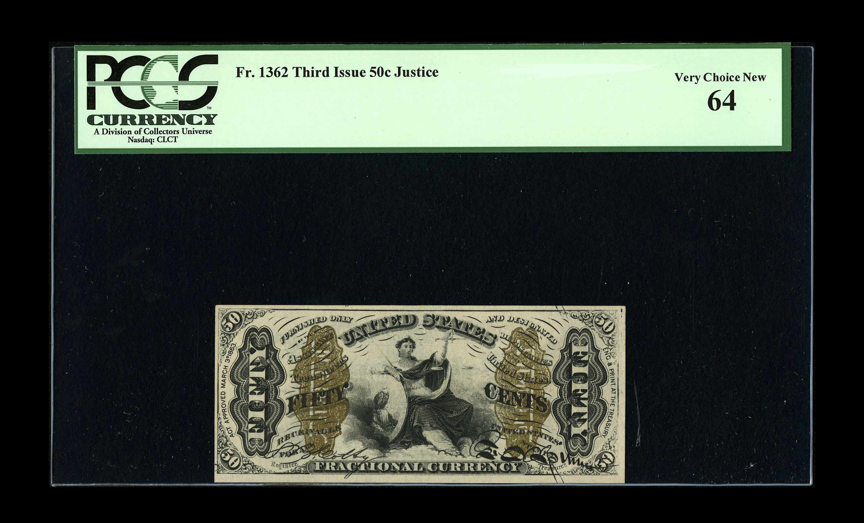 image for: Fr. 1362 50c Third Issue Justice PCGS Very Choice New 64. A near Gem example and an ideal Green Back Justice. It has bright ...