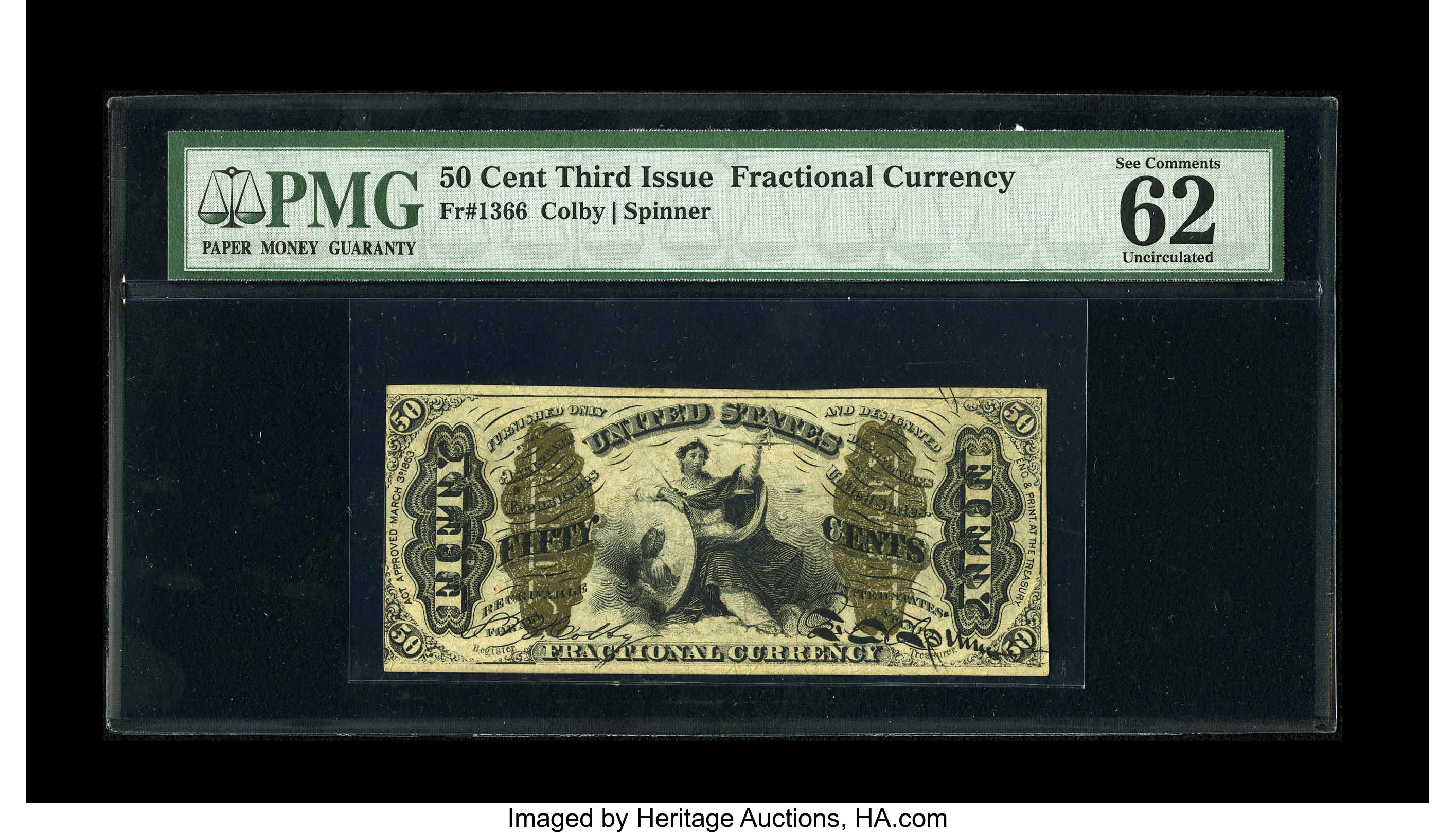 image for: Fr. 1366 50c Third Issue Justice PMG Uncirculated 62 EPQ. This is a near-Choice example of this much scarcer Justice type....