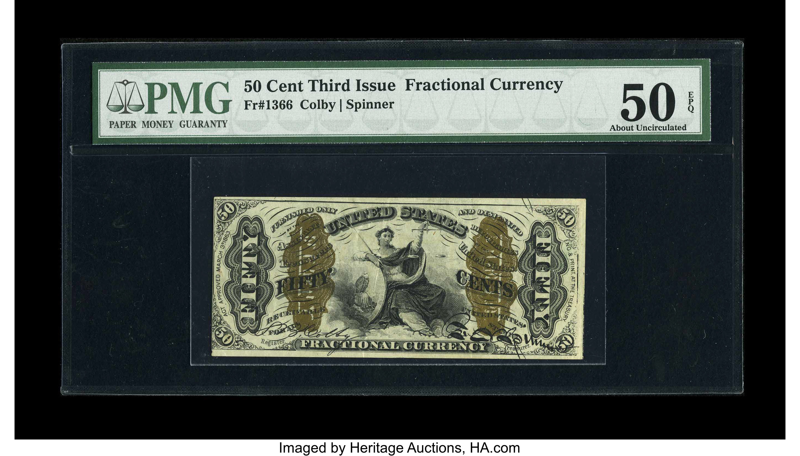 image for: Fr. 1366 50c Third Issue Justice PMG About Uncirculated 50 EPQ. A lovely note with bright colors of the paper, inks and bron...