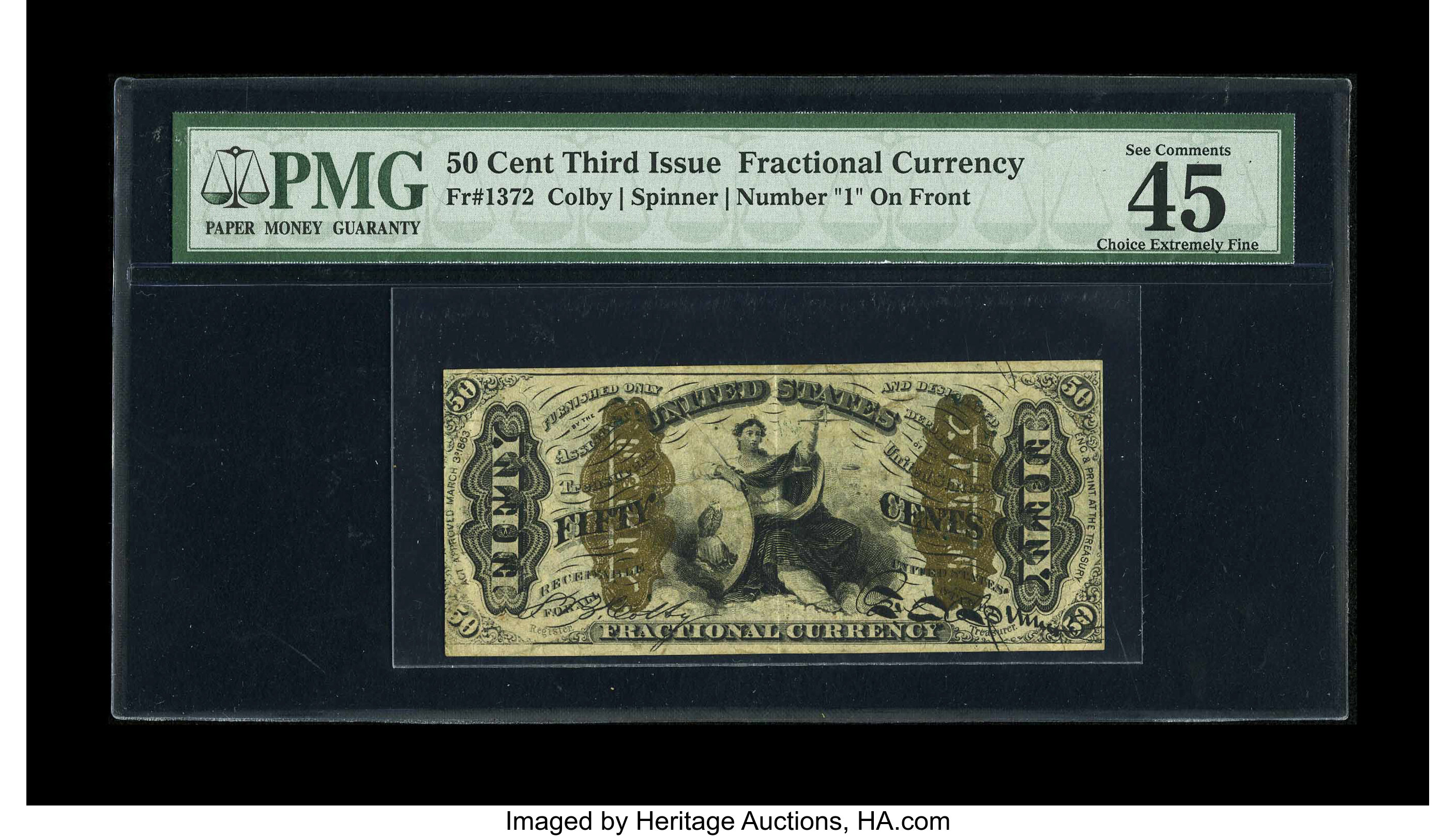 image for: Fr. 1372 50c Third Issue Justice PMG Choice Extremely Fine 45 EPQ. A wonderfully margined example of this scarce Justice fib...