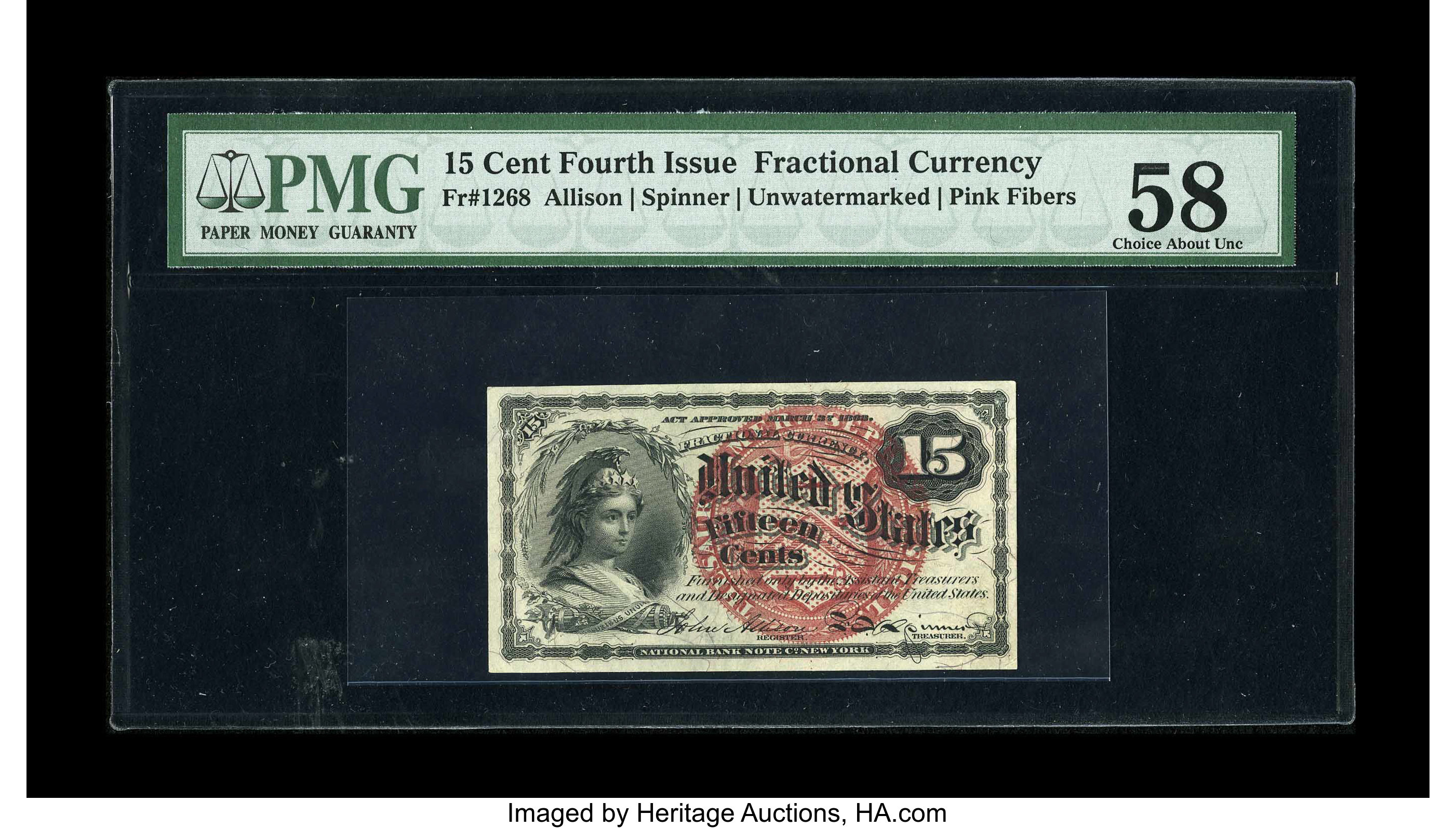 image for: Fr. 1268 15c Fourth Issue PMG Choice About Unc 58. This is the far rarer variety without the USUSUS watermark.  This note ha...