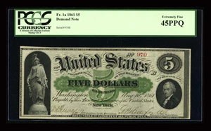 image for: Fr. 1a $5 1861"for the" Demand Note PCGS Extremely Fine 45PPQ. The finest "for the" Demand note and, in our opinion, one of ...