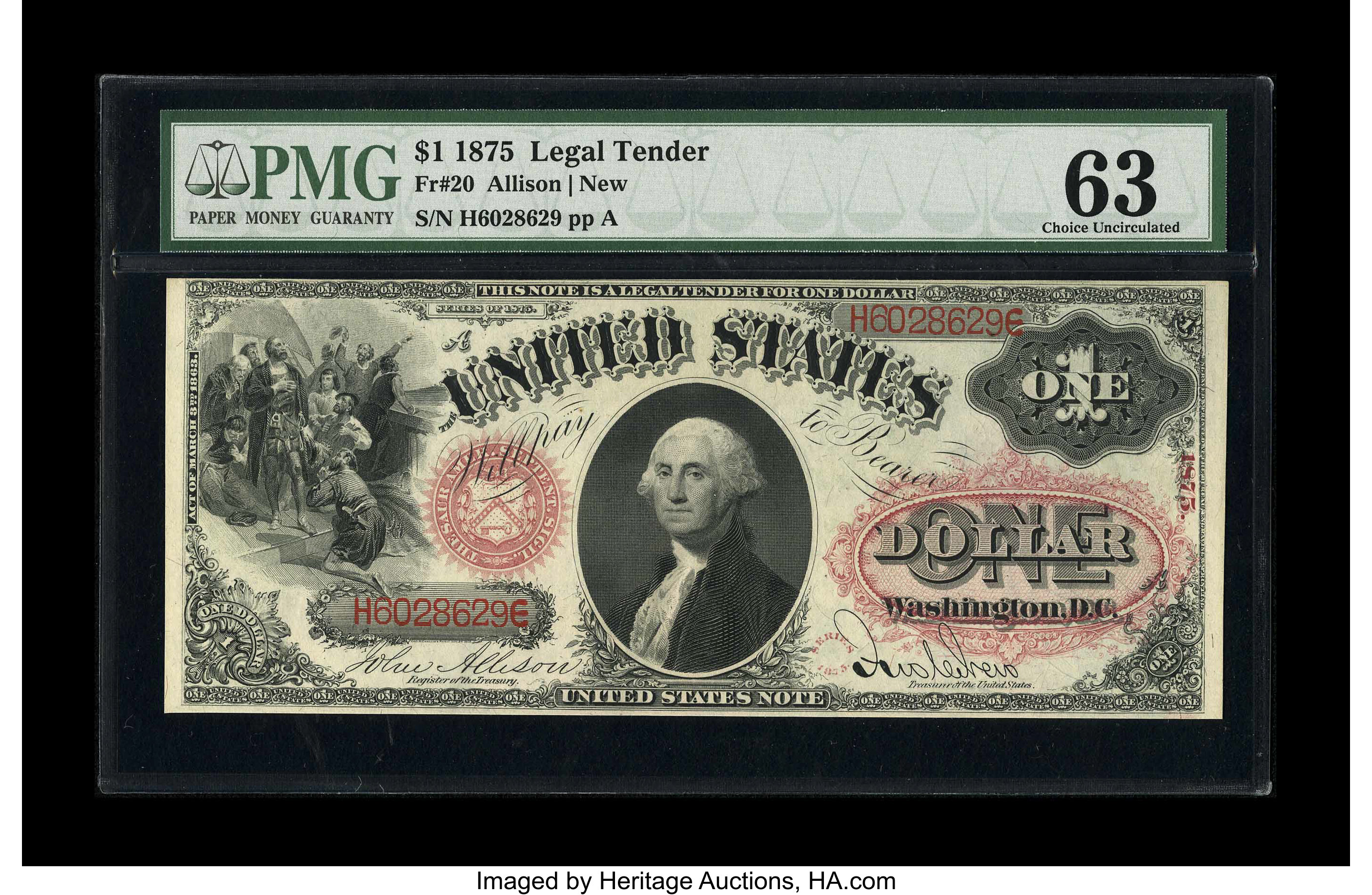 image for: Fr. 20 $1 1875 Legal Tender PMG Choice Uncirculated 63. Closely margined across the top, but with excellent color....