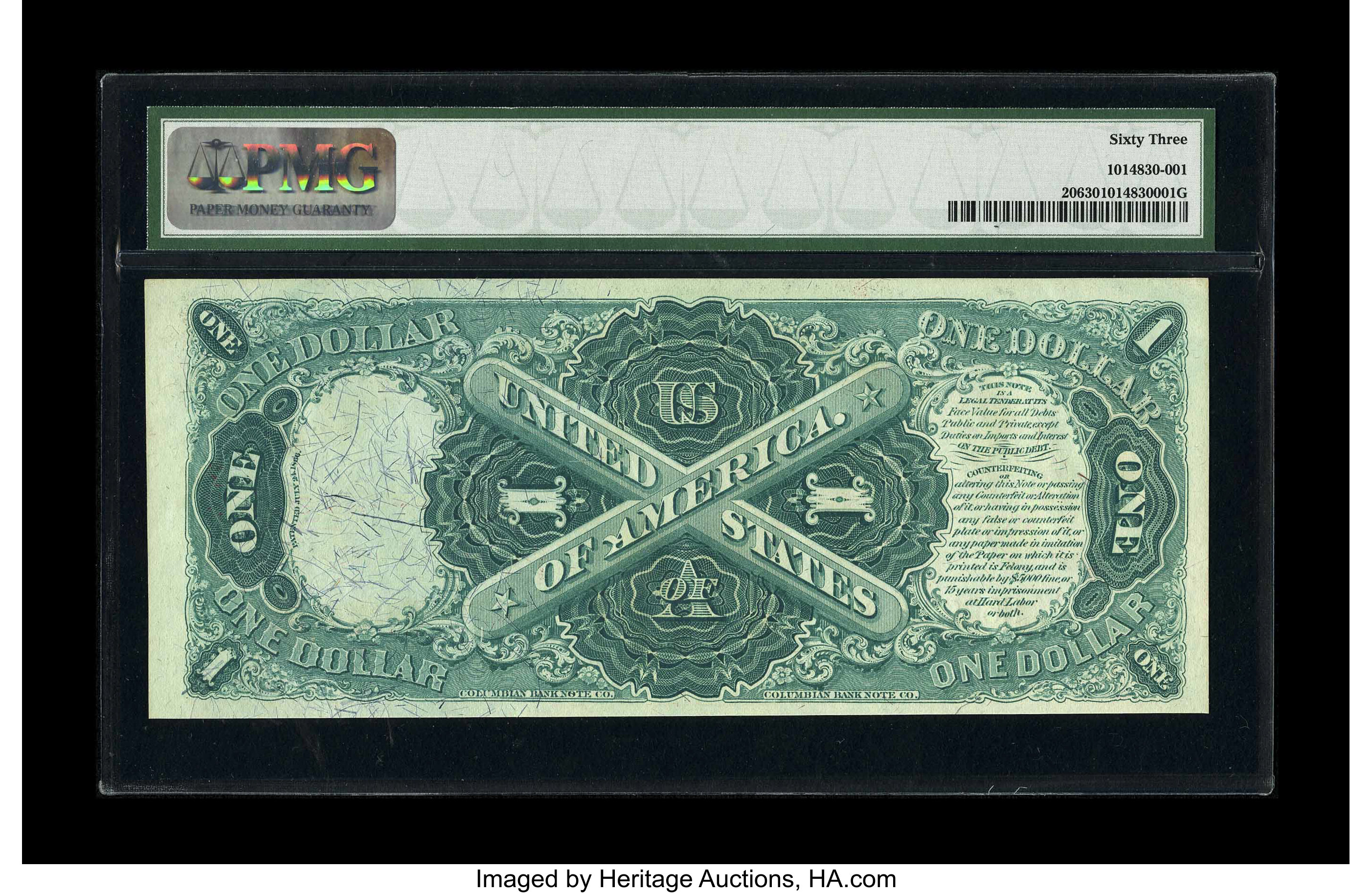 image for: Fr. 20 $1 1875 Legal Tender PMG Choice Uncirculated 63. Closely margined across the top, but with excellent color....
