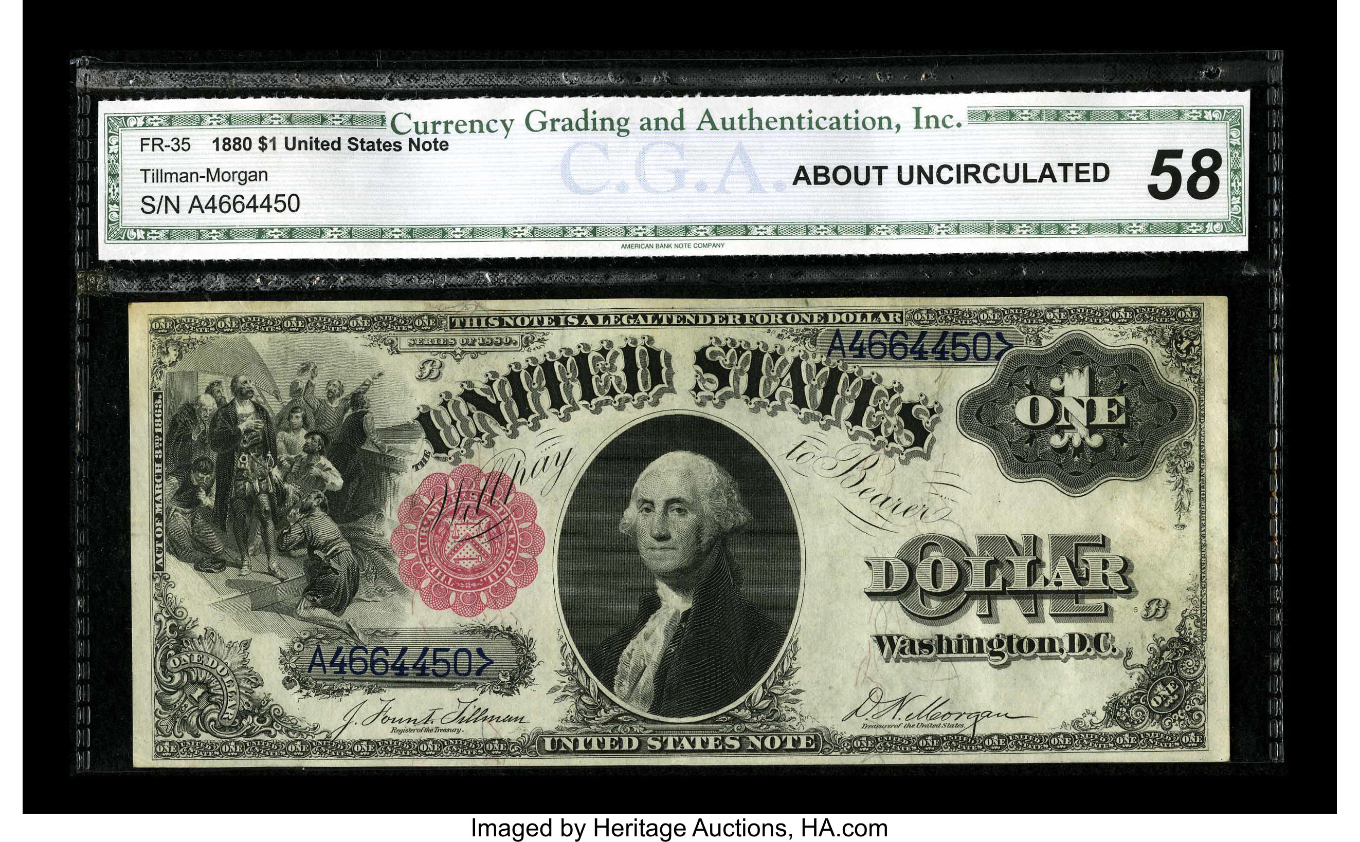 image for: Fr. 35 $1 1880 Legal Tender CGA About Uncirculated 58. There is a little discoloration at the upper corners on this well-mar...