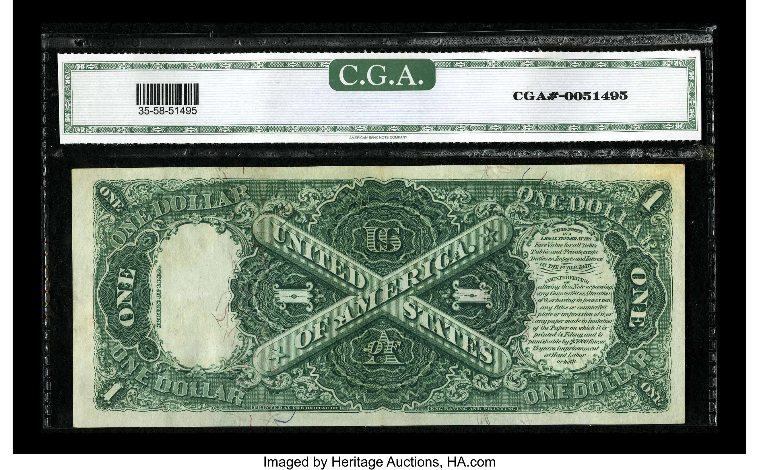 image for: Fr. 35 $1 1880 Legal Tender CGA About Uncirculated 58. There is a little discoloration at the upper corners on this well-mar...